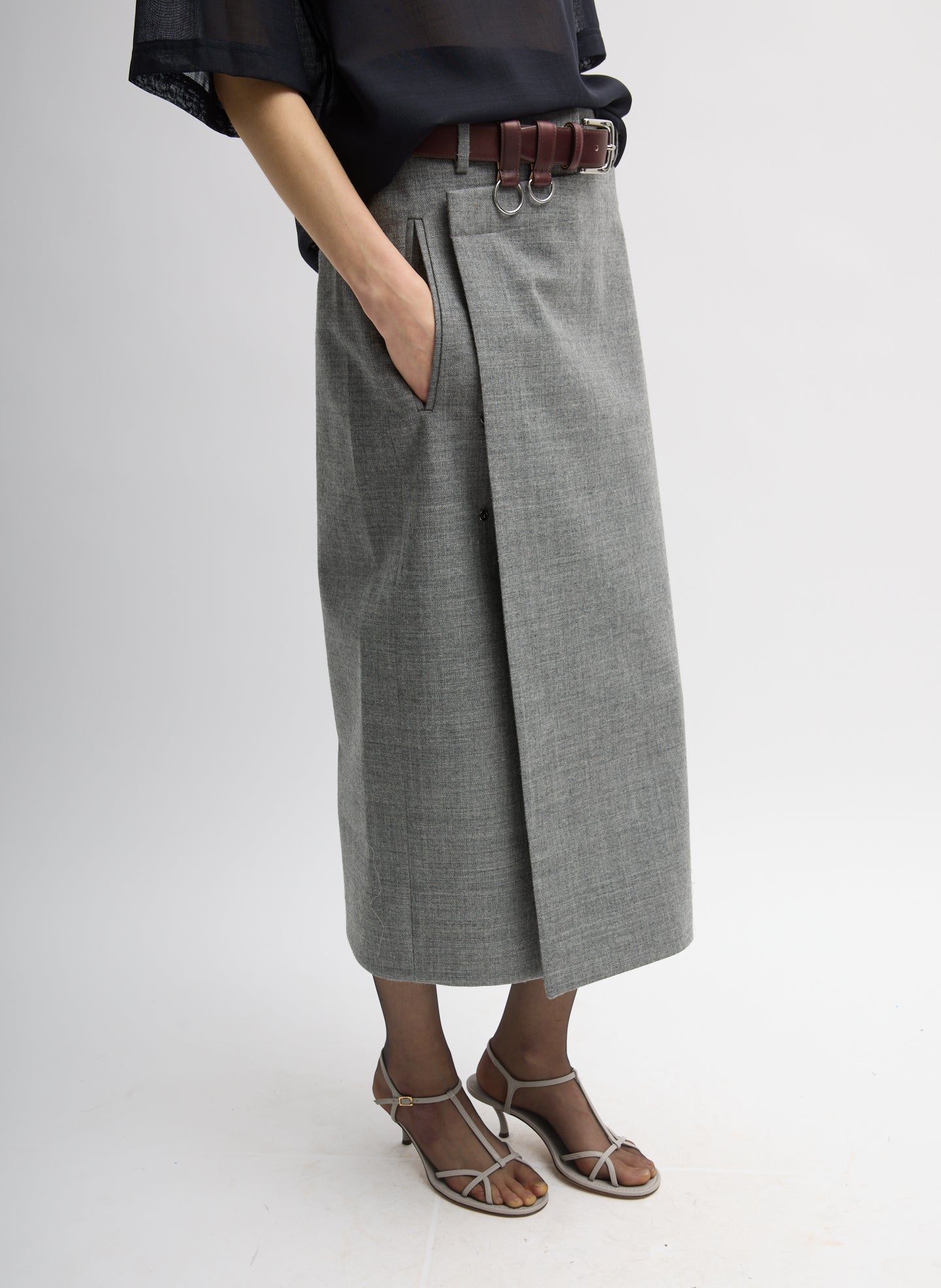 TECHY BONDED WOOL WRAP MIDI SKIRT