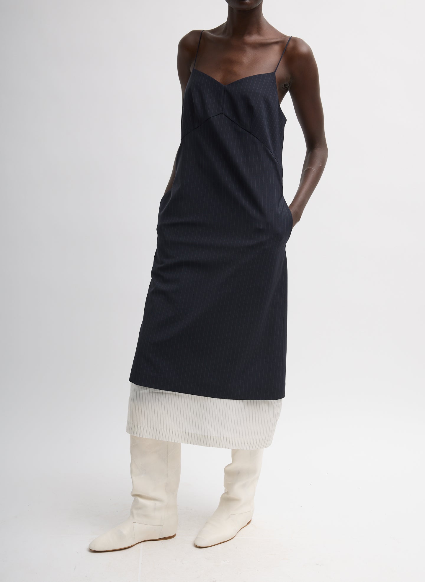 MIER PINSTRIPE CONVERTIBLE SLIP DRESS