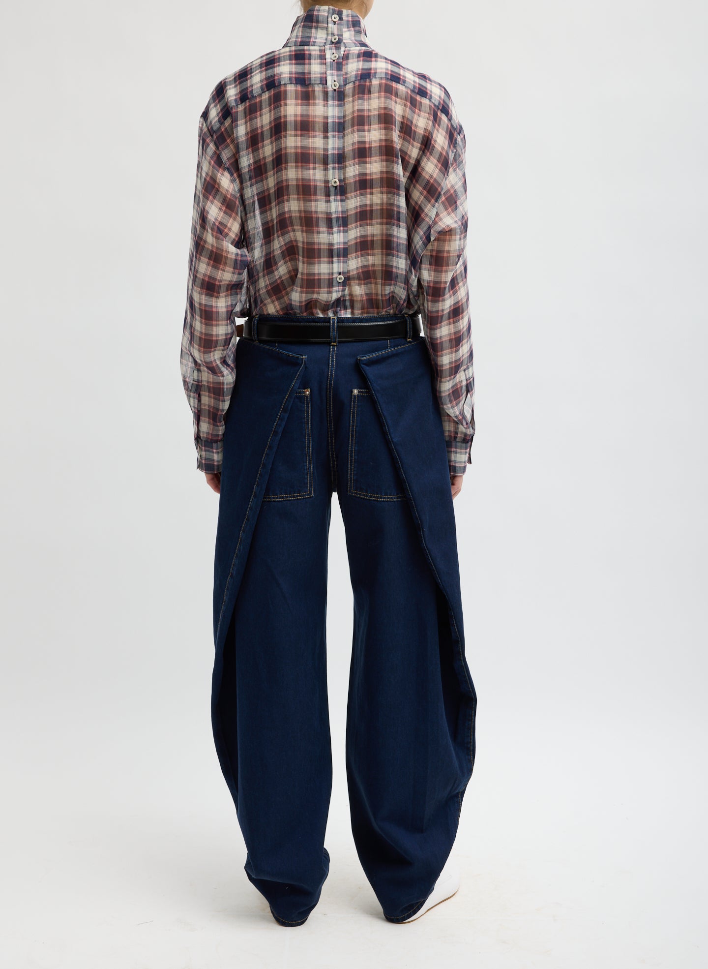 SILK COTTON PLAID FUNNEL NECK SHIRT