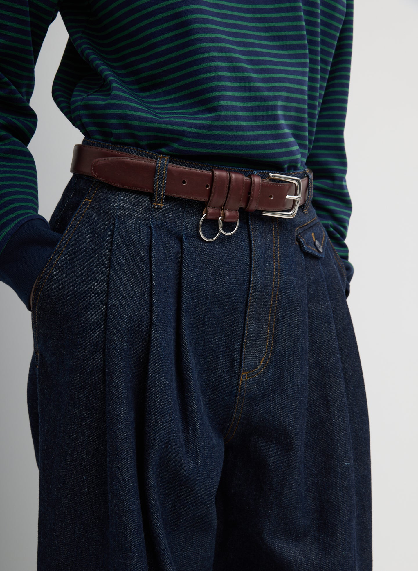 INDIGO DENIM TRIPLE PLEAT JEAN