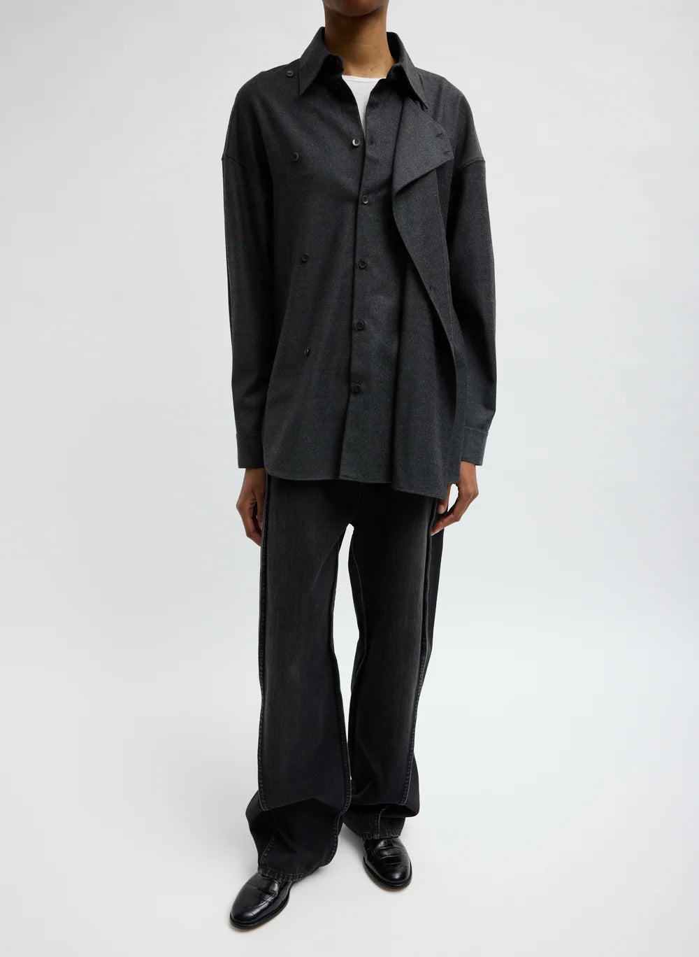 Cozy Flannel Long Sleeve Shirt With Overlap Detail - Dark Heather Grey