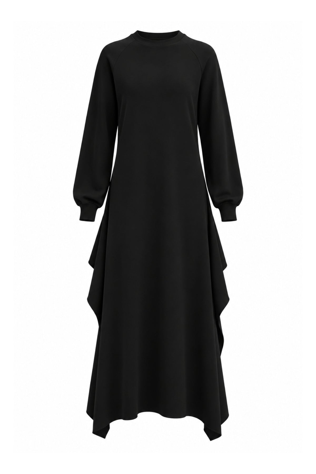 4 Ply Silk Long Sleeve Dress With Ruffle Detail - Black