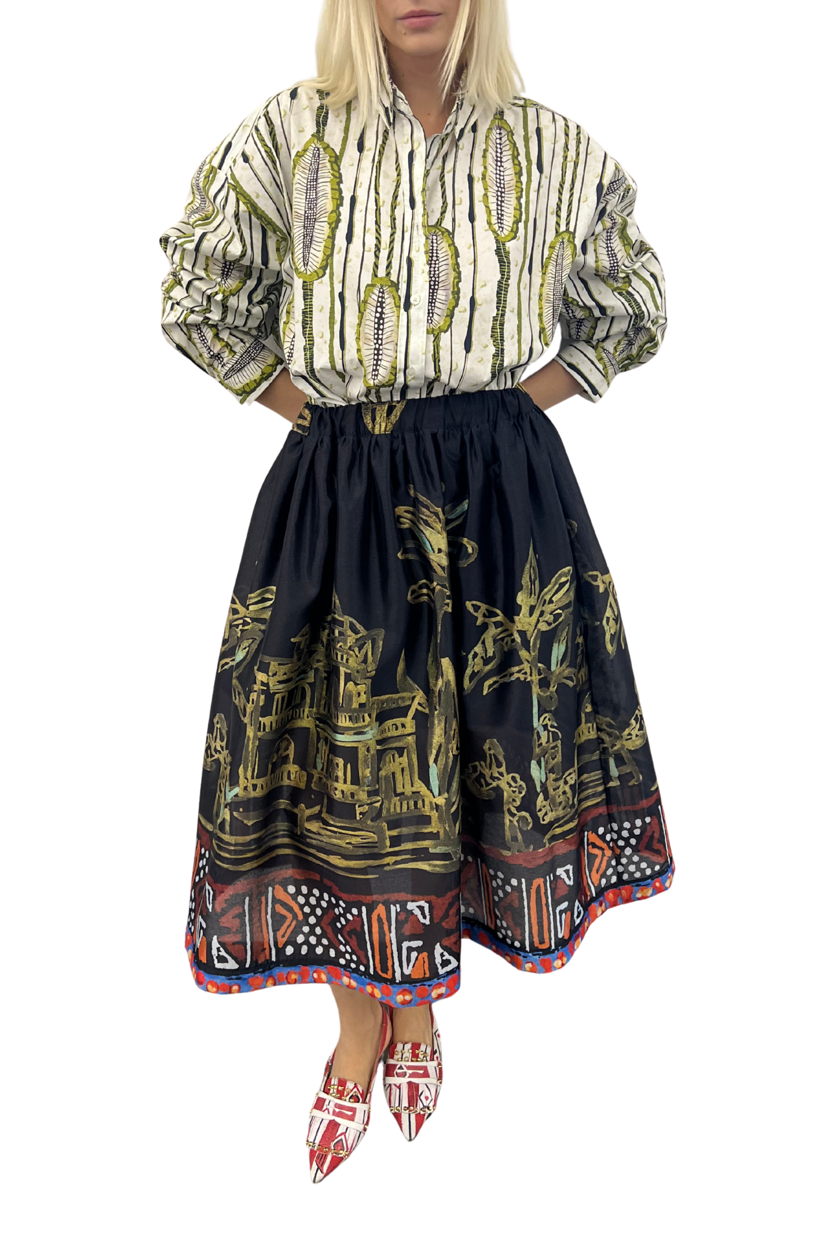 Printed Black Midi Skirt