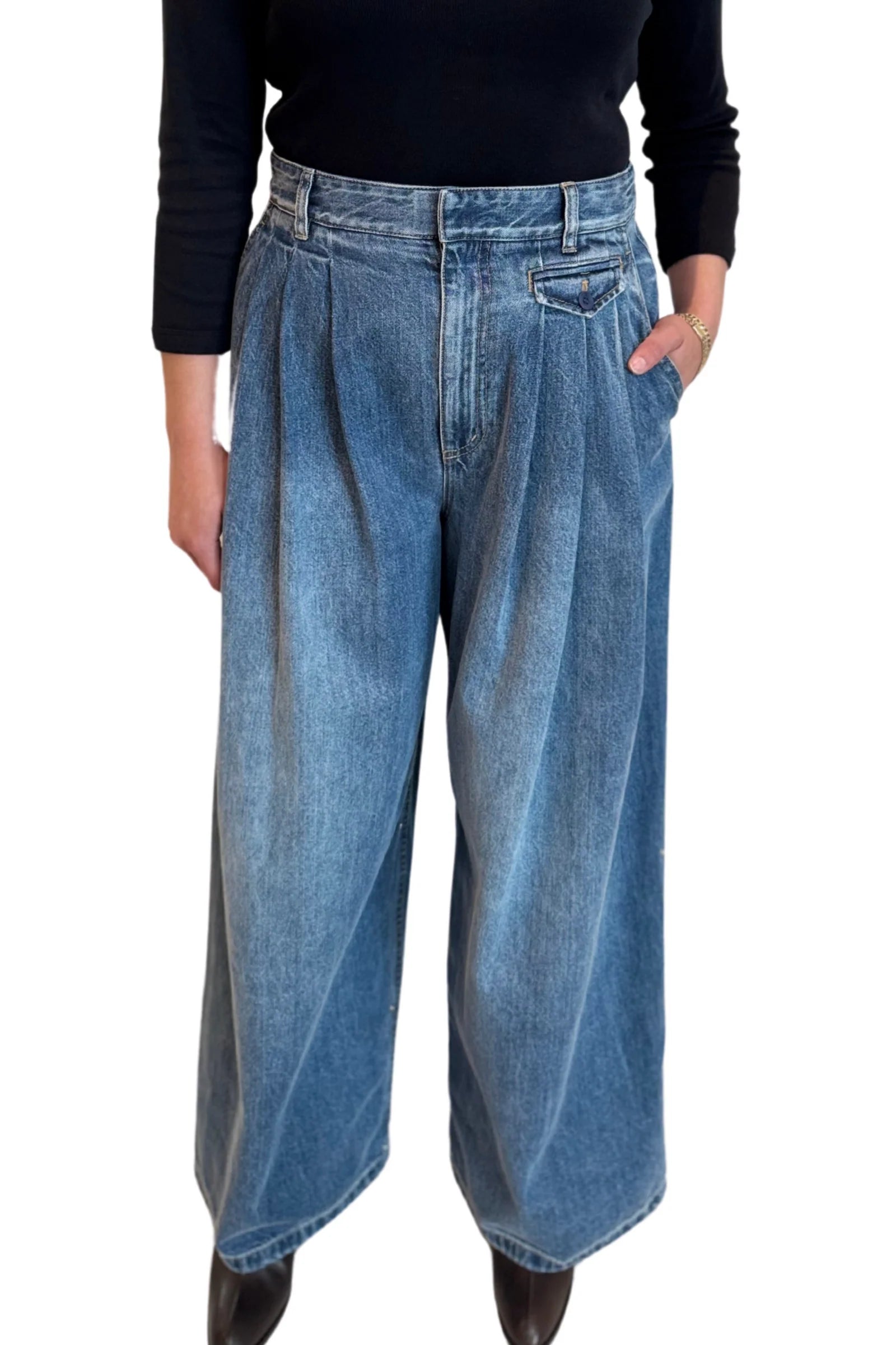 Petite Spring Denim Triple Pleat Pant