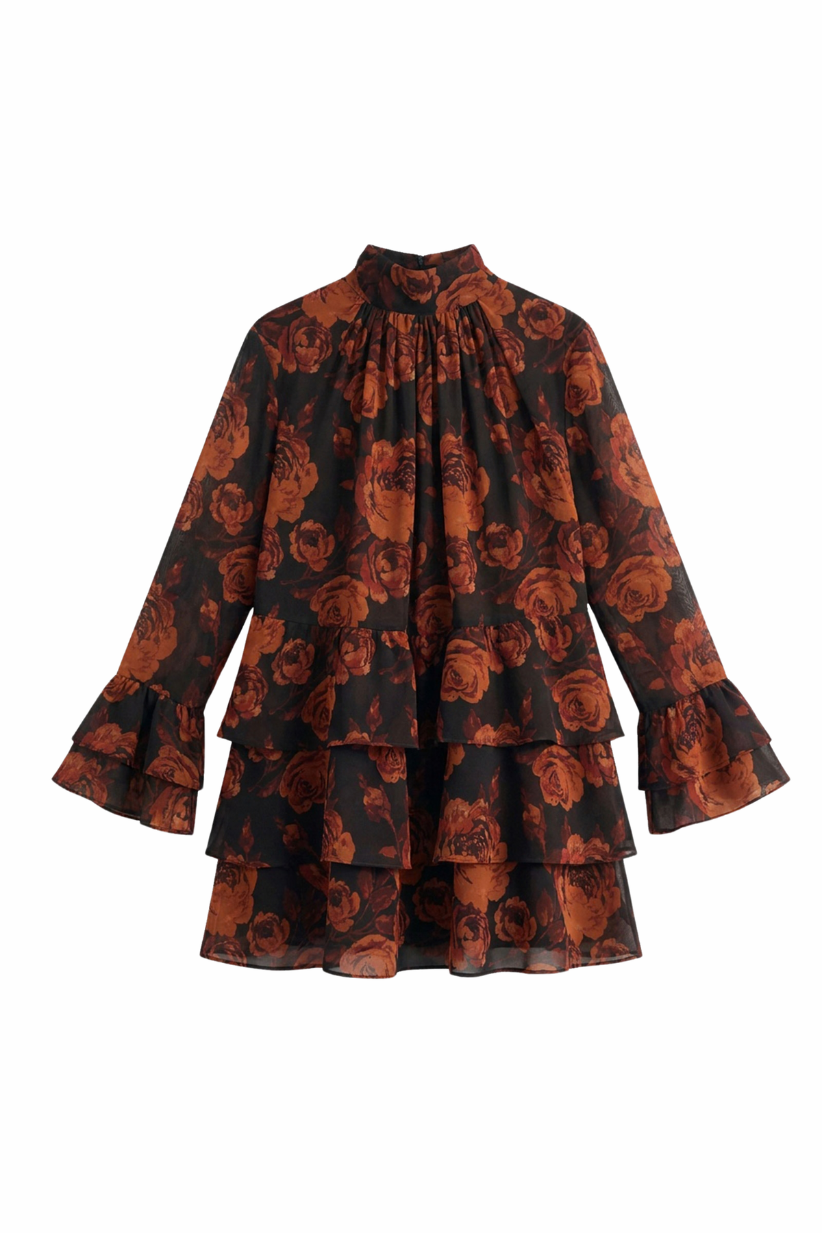 Gathered Turtleneck Ruffle Dress