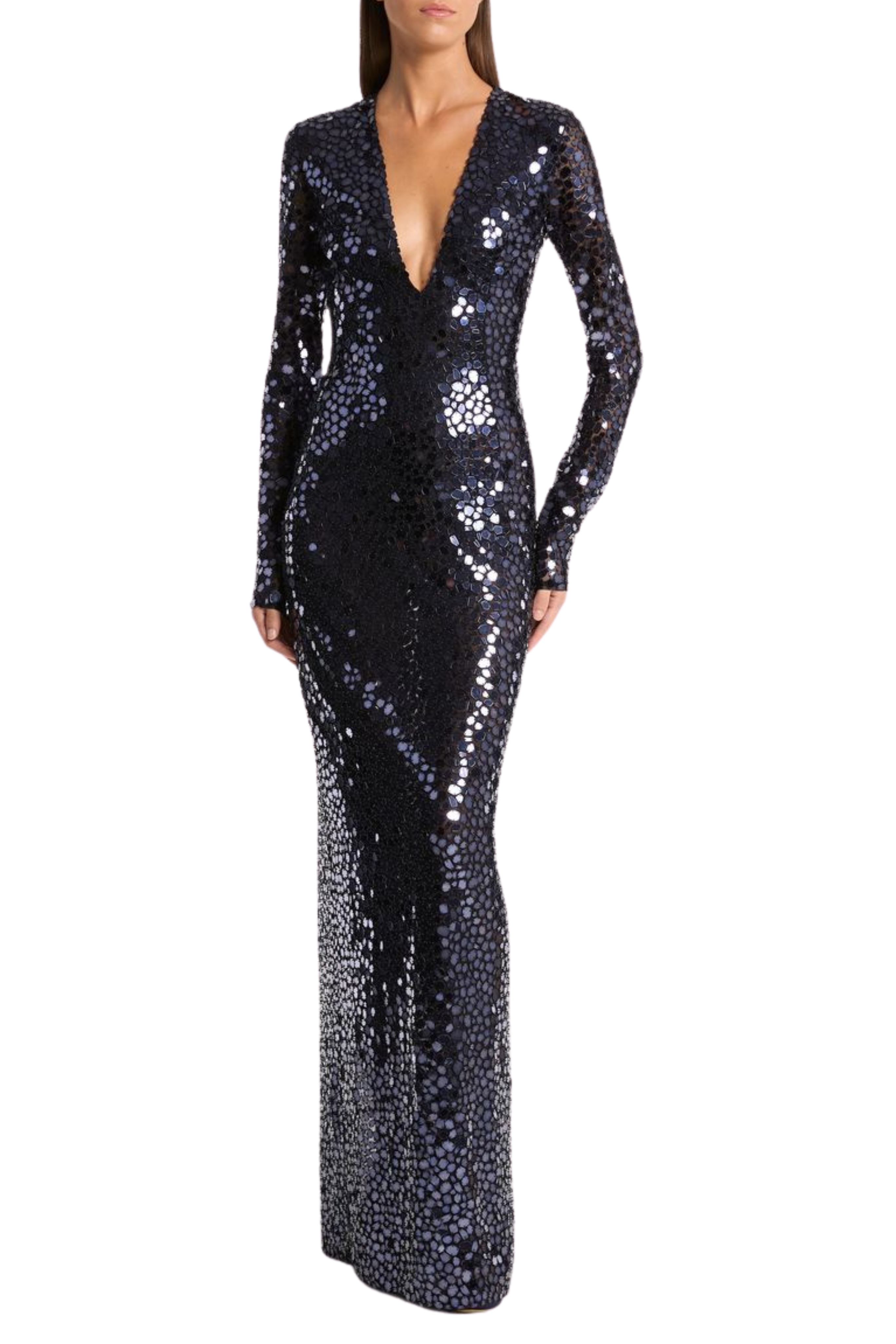 Mirror Embroidered V Neck Column Gown