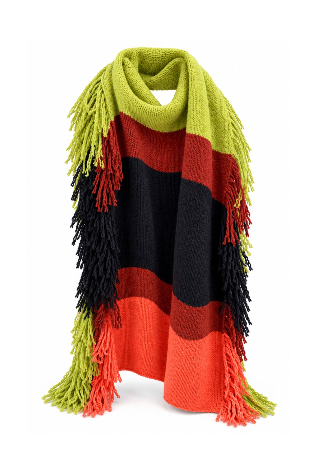 Striped Wool Boucle Fringed Knit Wrap