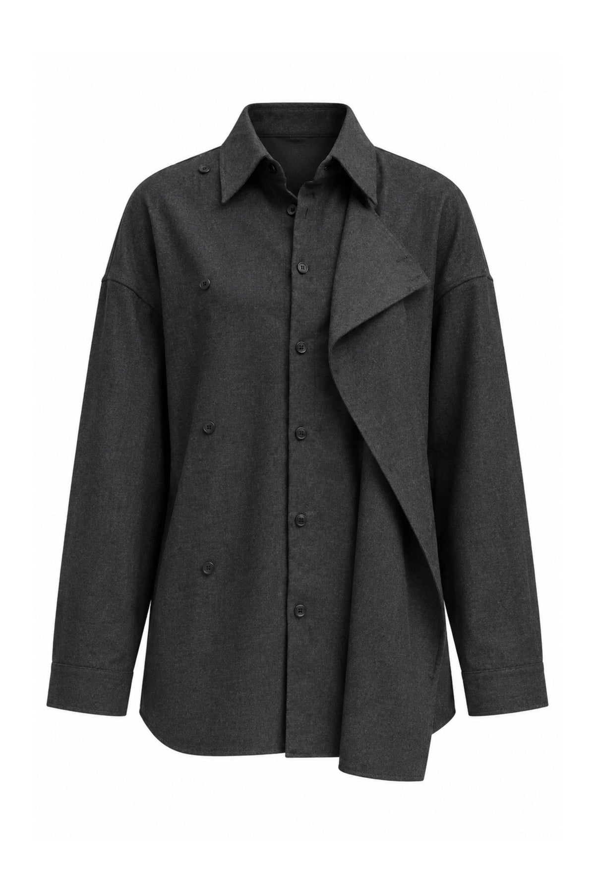 Cozy Flannel Long Sleeve Shirt With Overlap Detail - Dark Heather Grey