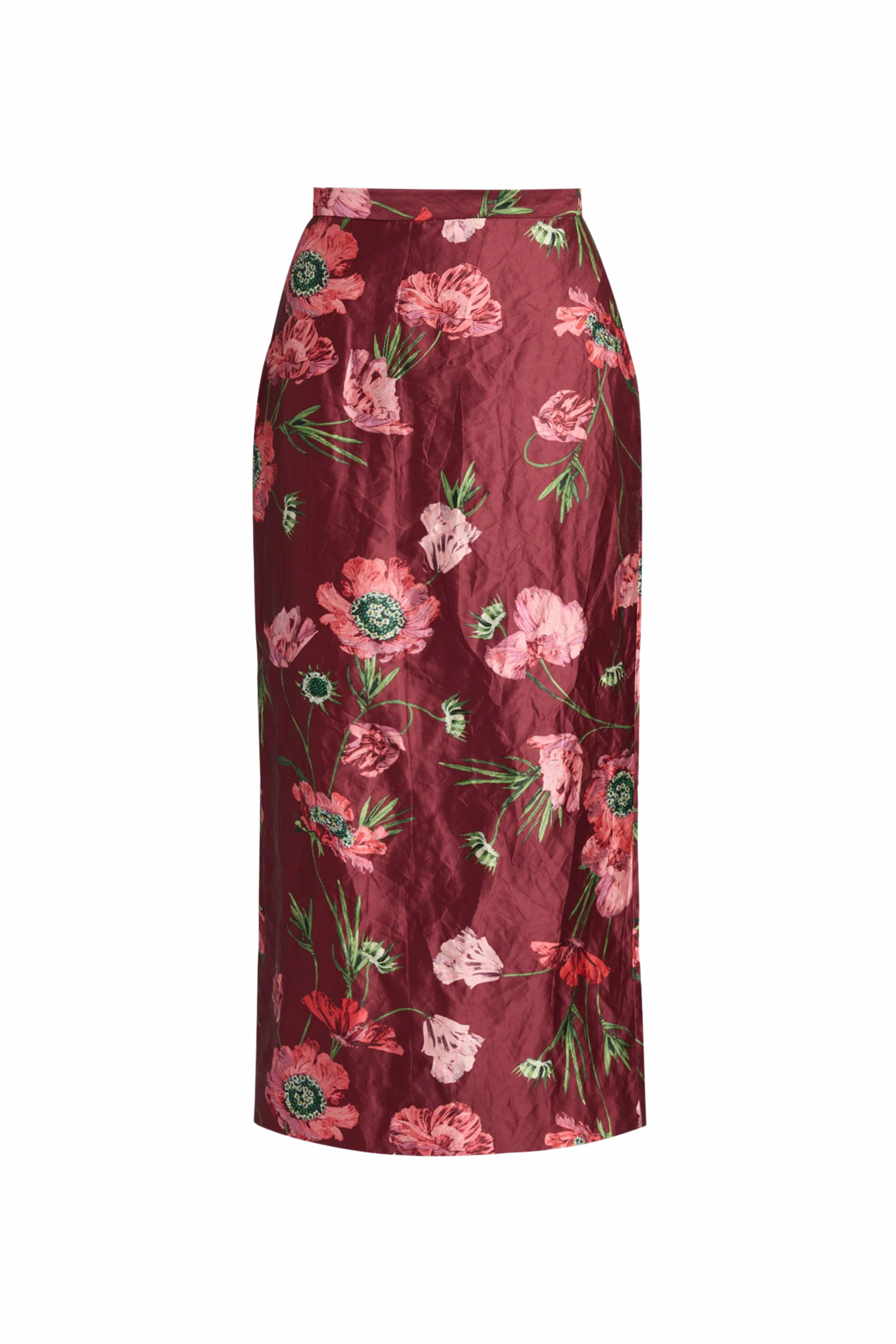 Floral Textured Satin Midi Pencil Skirt - Red
