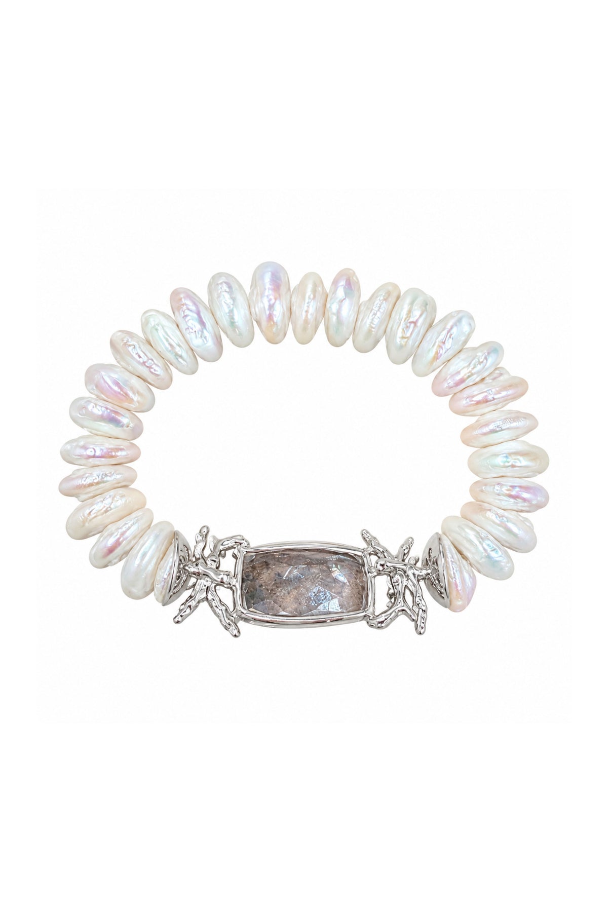 Coin Pearl Bracelet With White Topaz, Sterling Coral Accents On Elastic