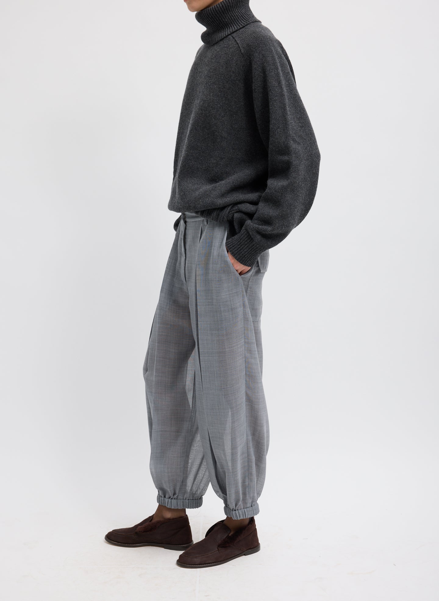 SHEER WOOL GAUZE PLEATED LONG BALLOON PANT