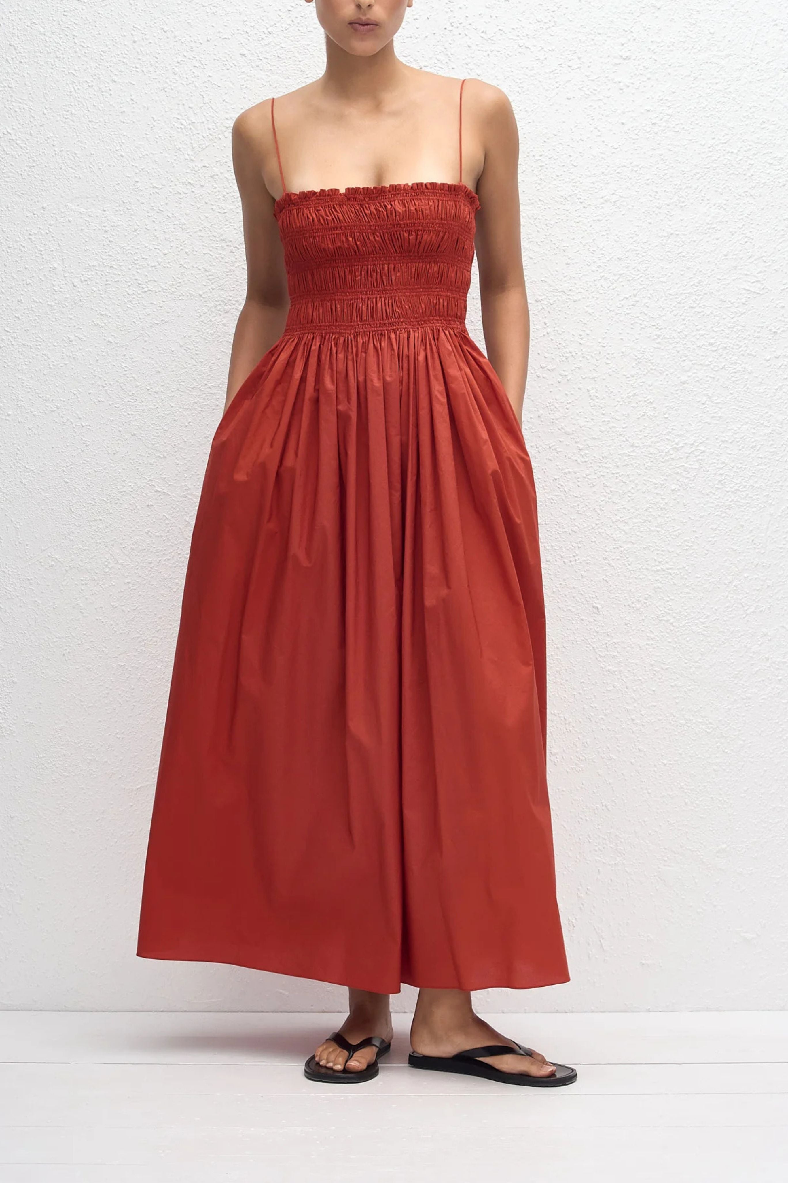 Shirred Bodice Dress in Red