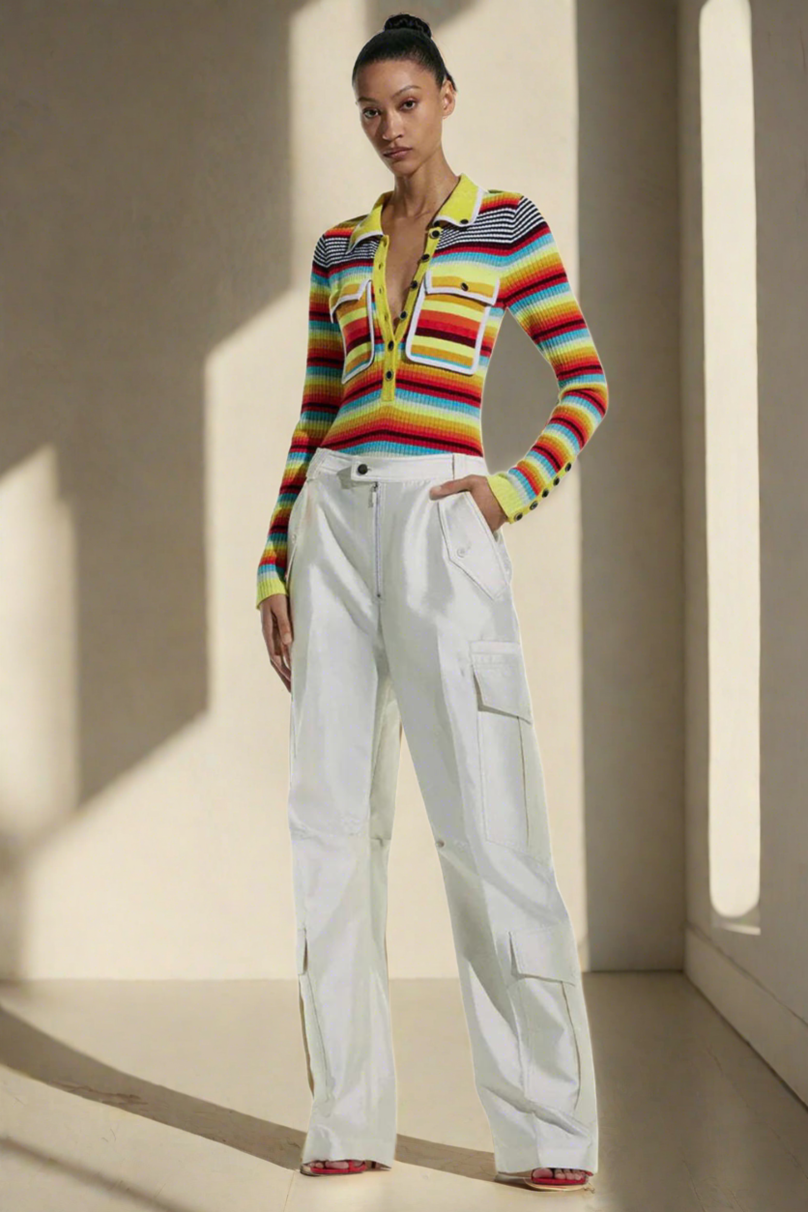 CHRISTOPHER JOHN ROGERS Stripe Ribbed Knit Polo Bodysuit