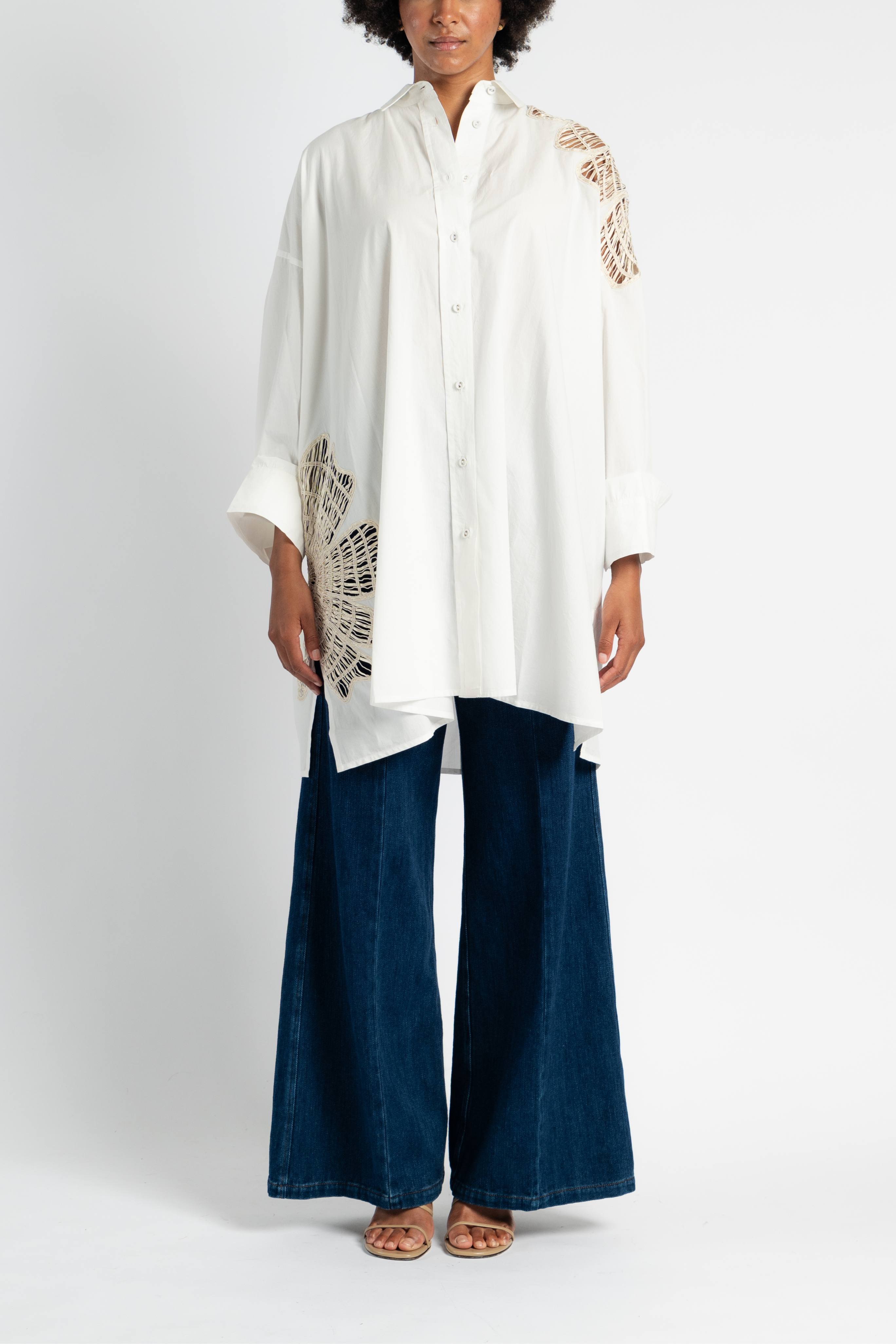 Botanical Flower Embroidery Shirt in White