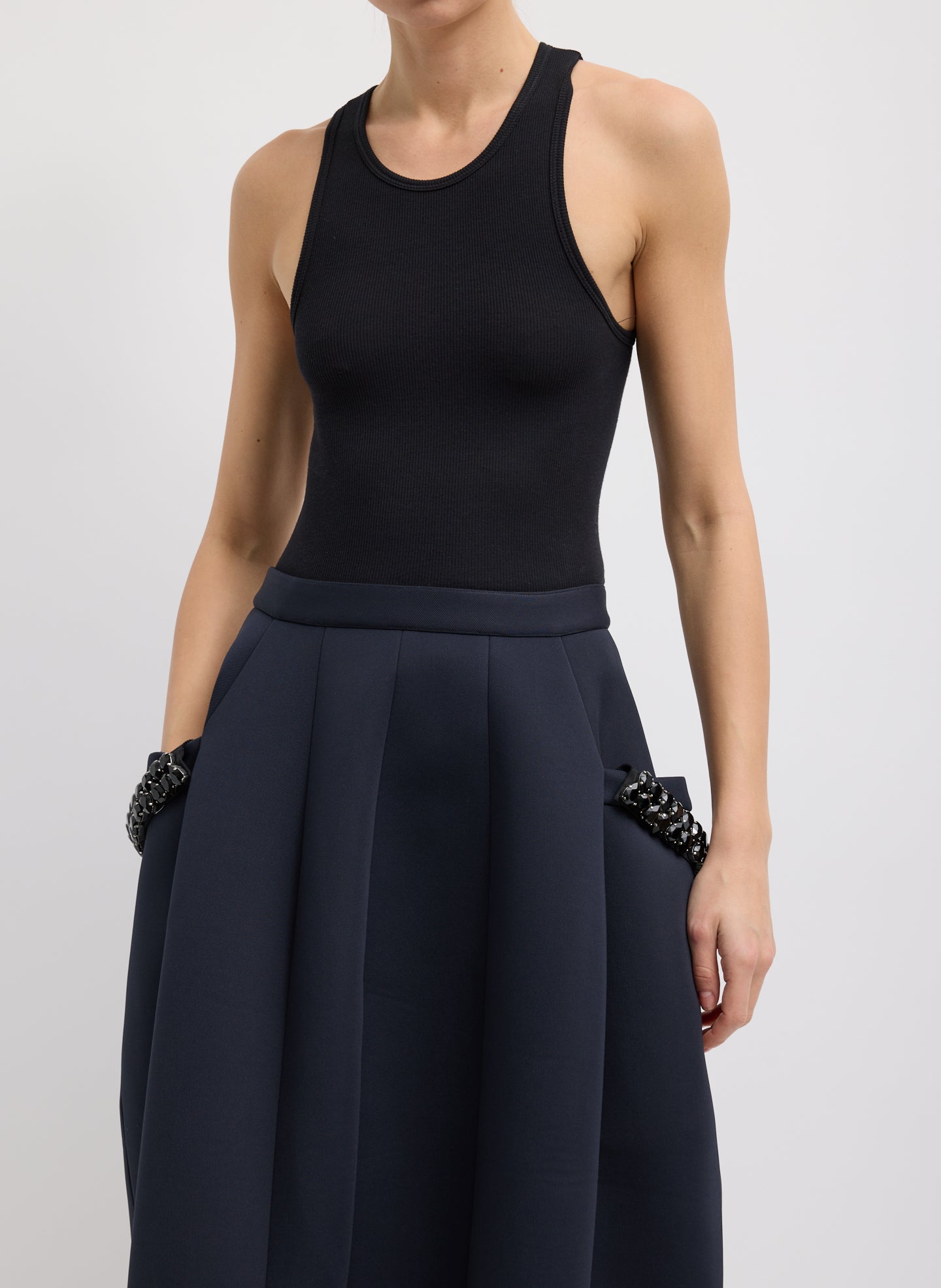 BONDED TWILL SCULPTED SKIRT WITH REMOVEABLE BEADED