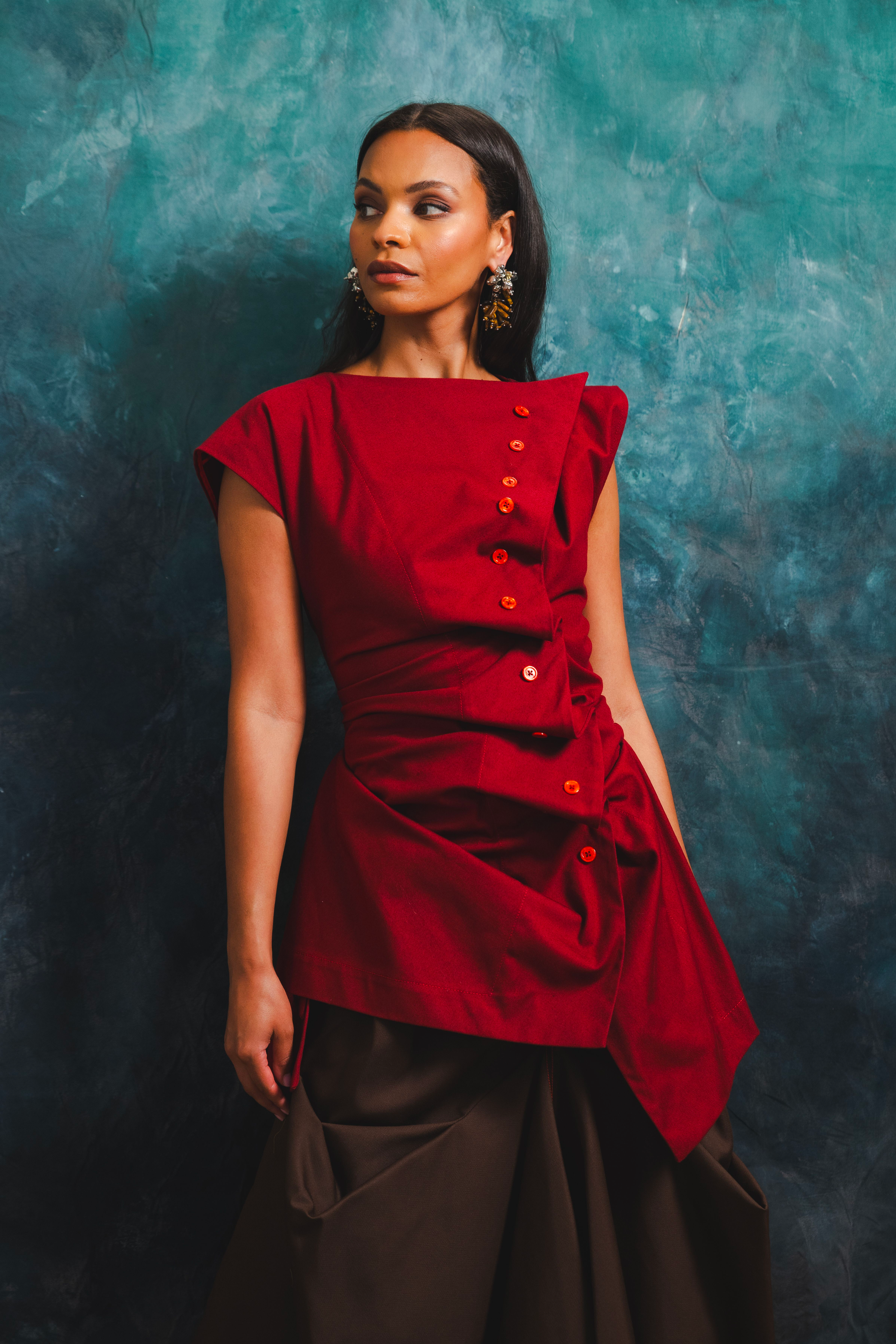 Pleated Button Blouse with Lace Up Back