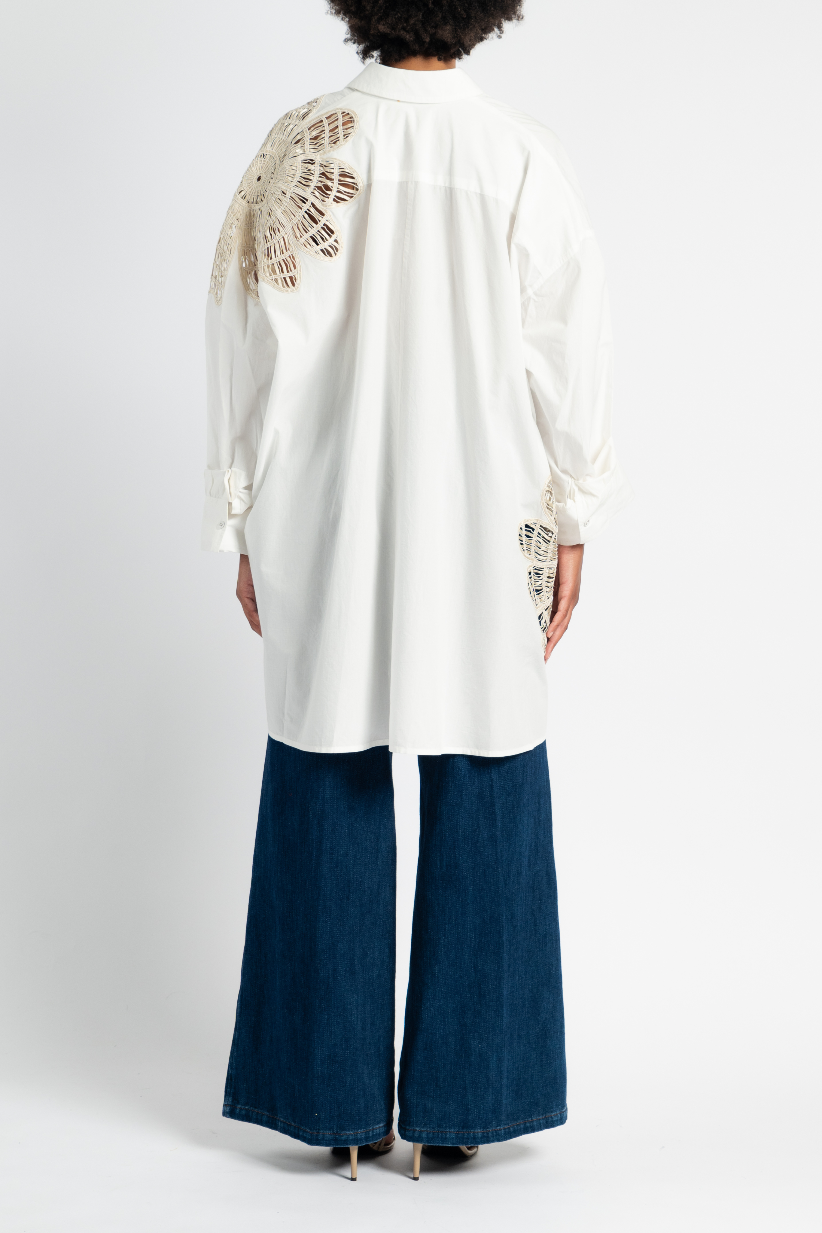 Botanical Flower Embroidery Shirt in White