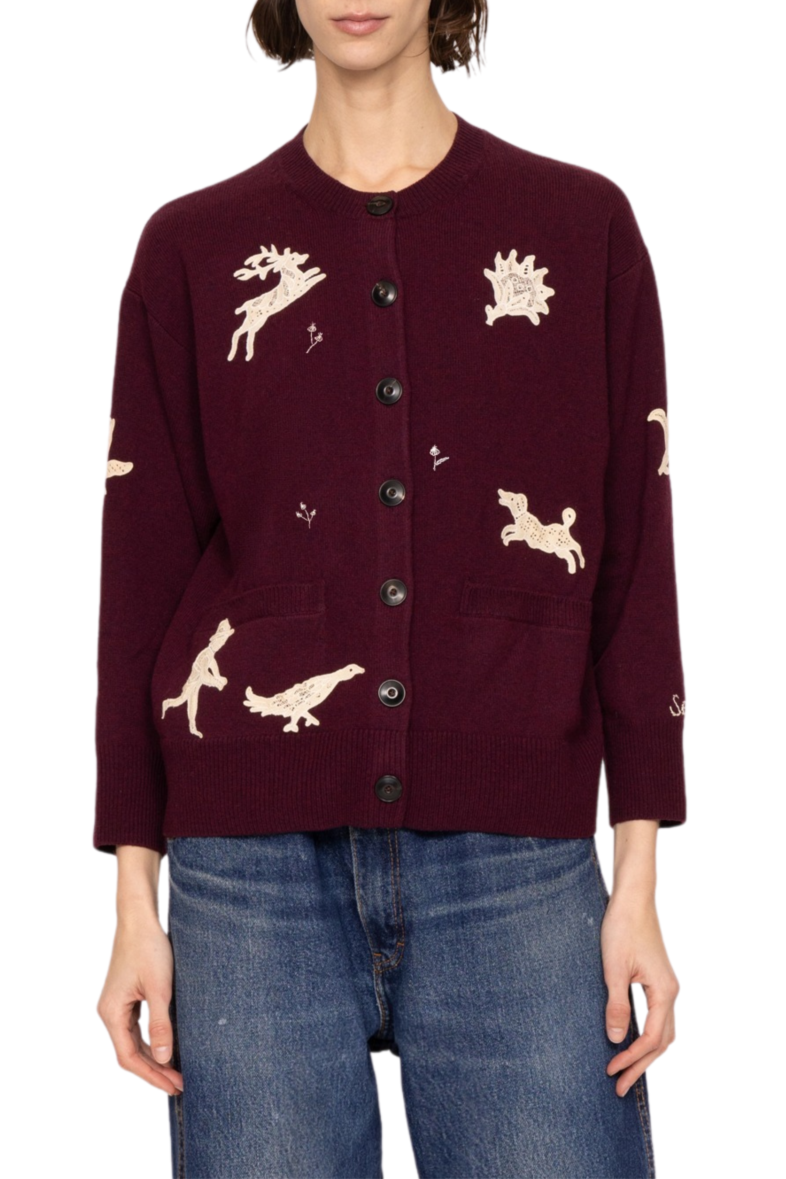 Mika Applique Cardigan - Burgundy