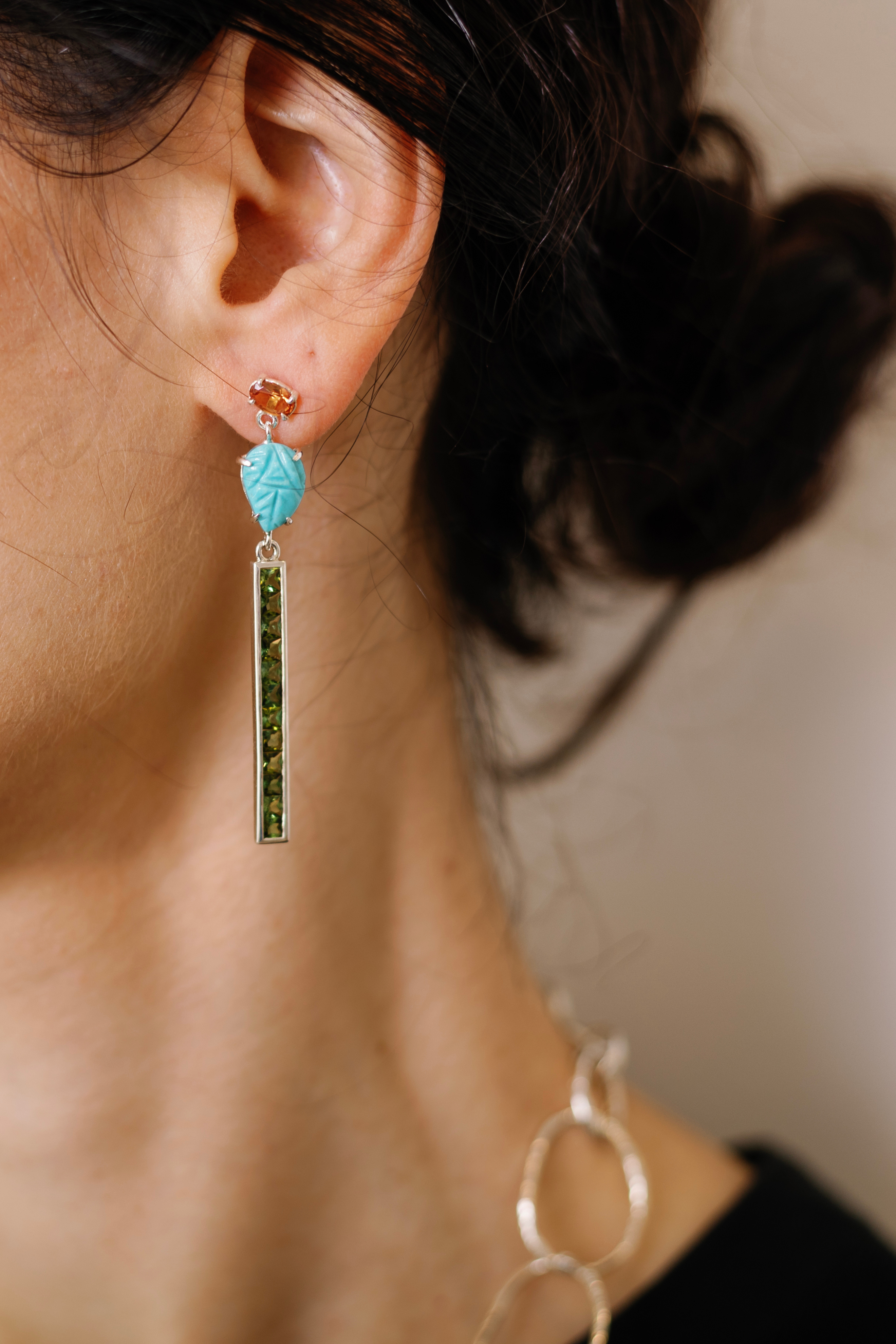 Turquoise and Green Tourmaline Line Earrings