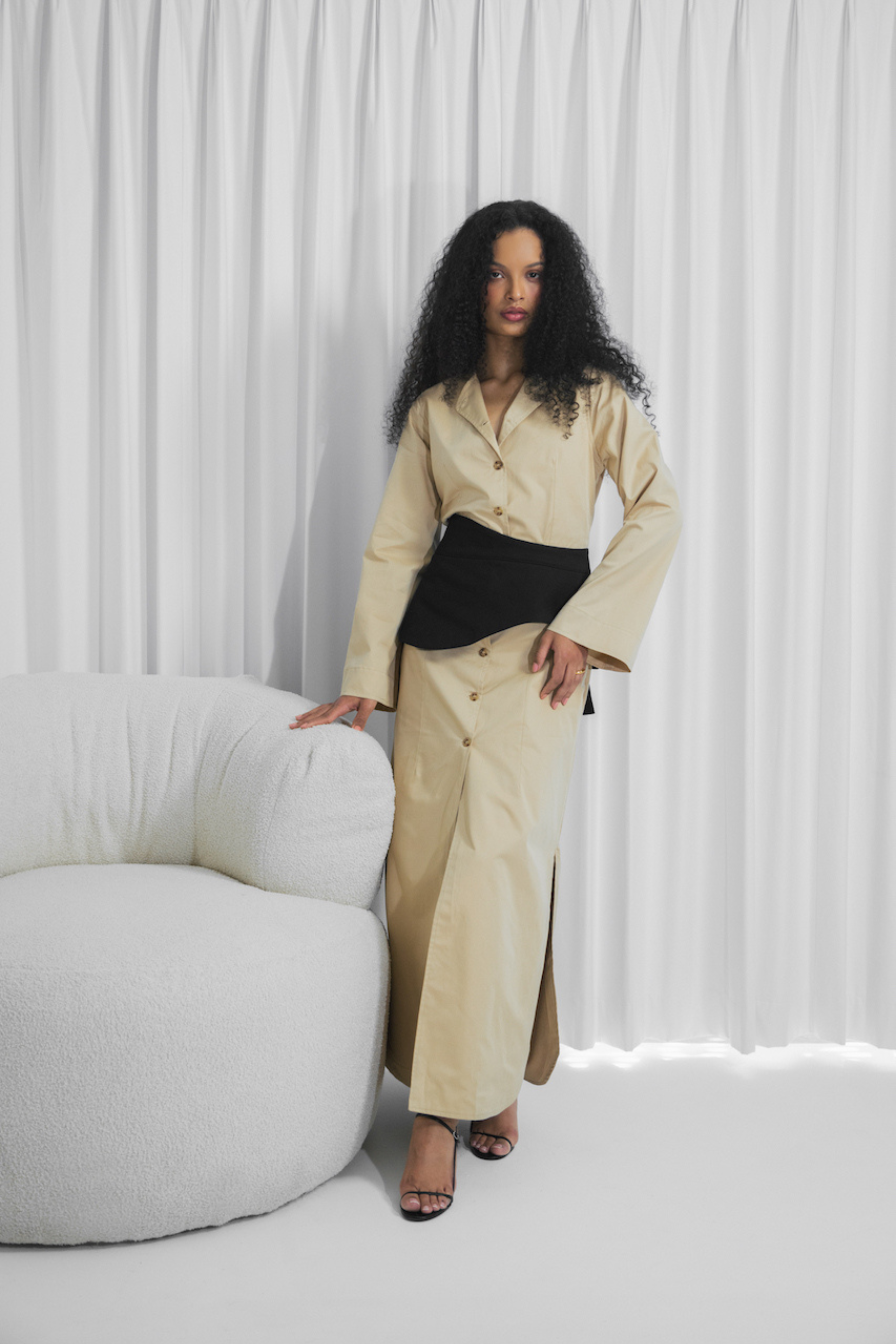 The Cardigan Shirt Dress in Tan