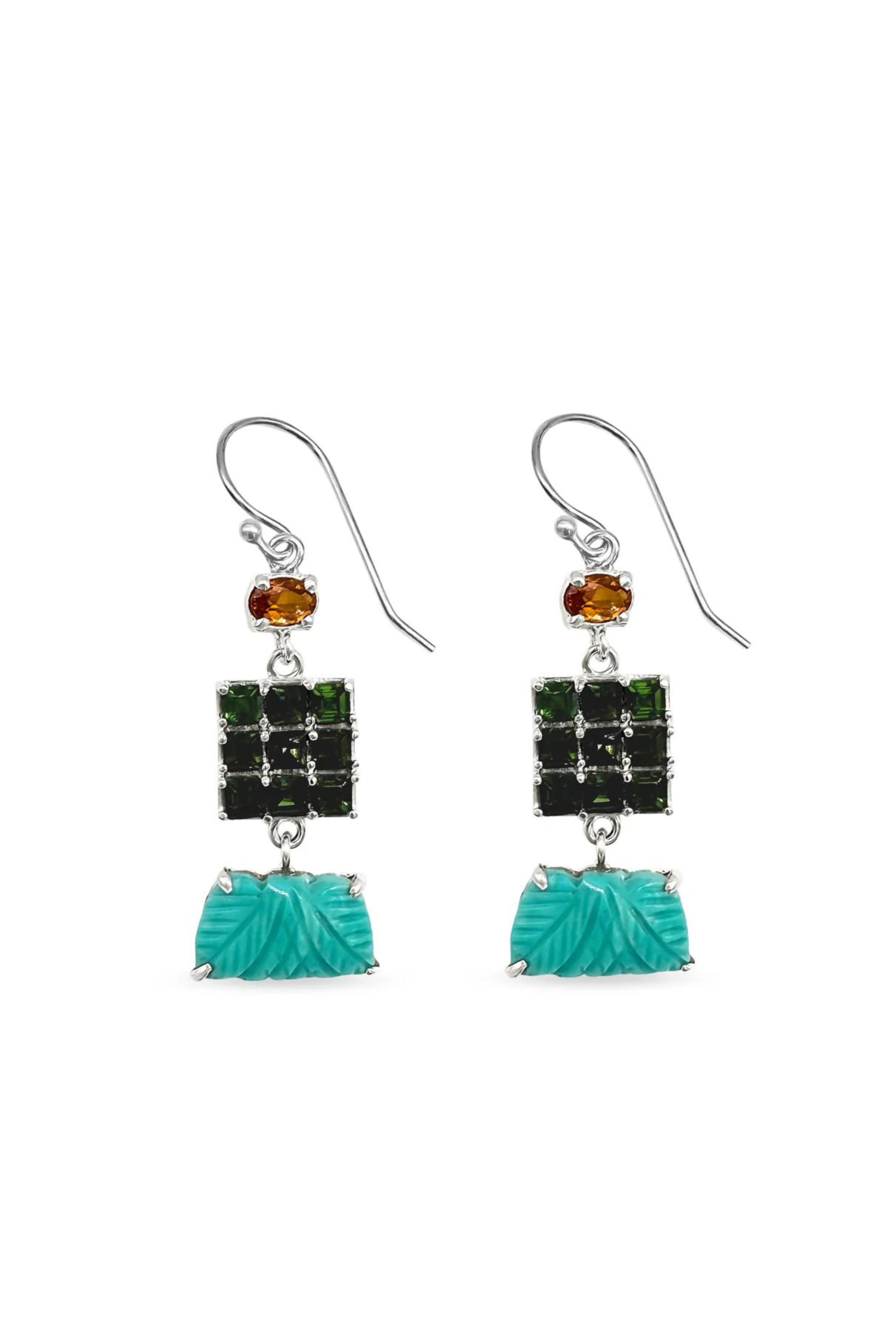 Turquoise and Green Tourmaline Grid Earrings