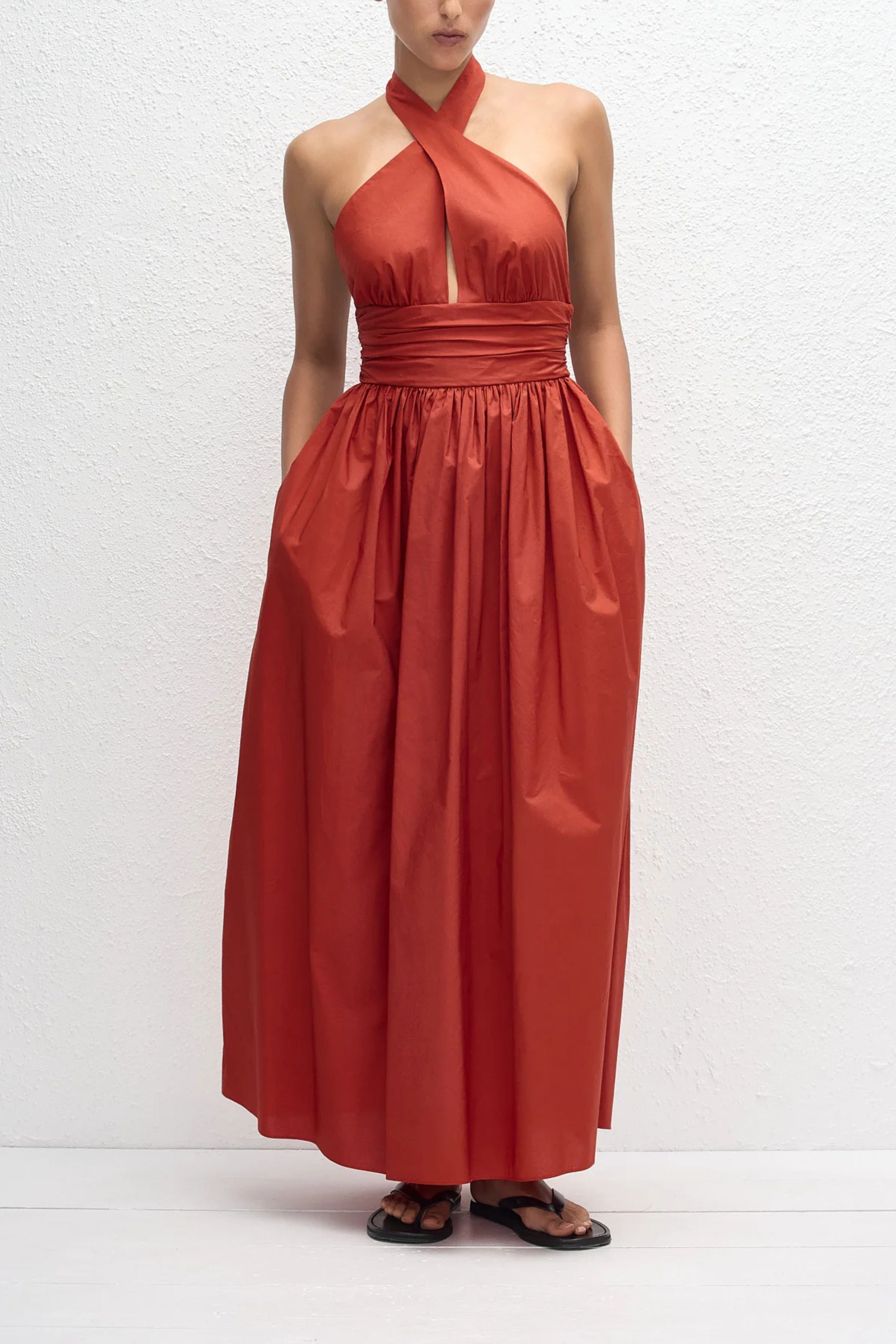 Keyhole Halter Midi Dress in Red