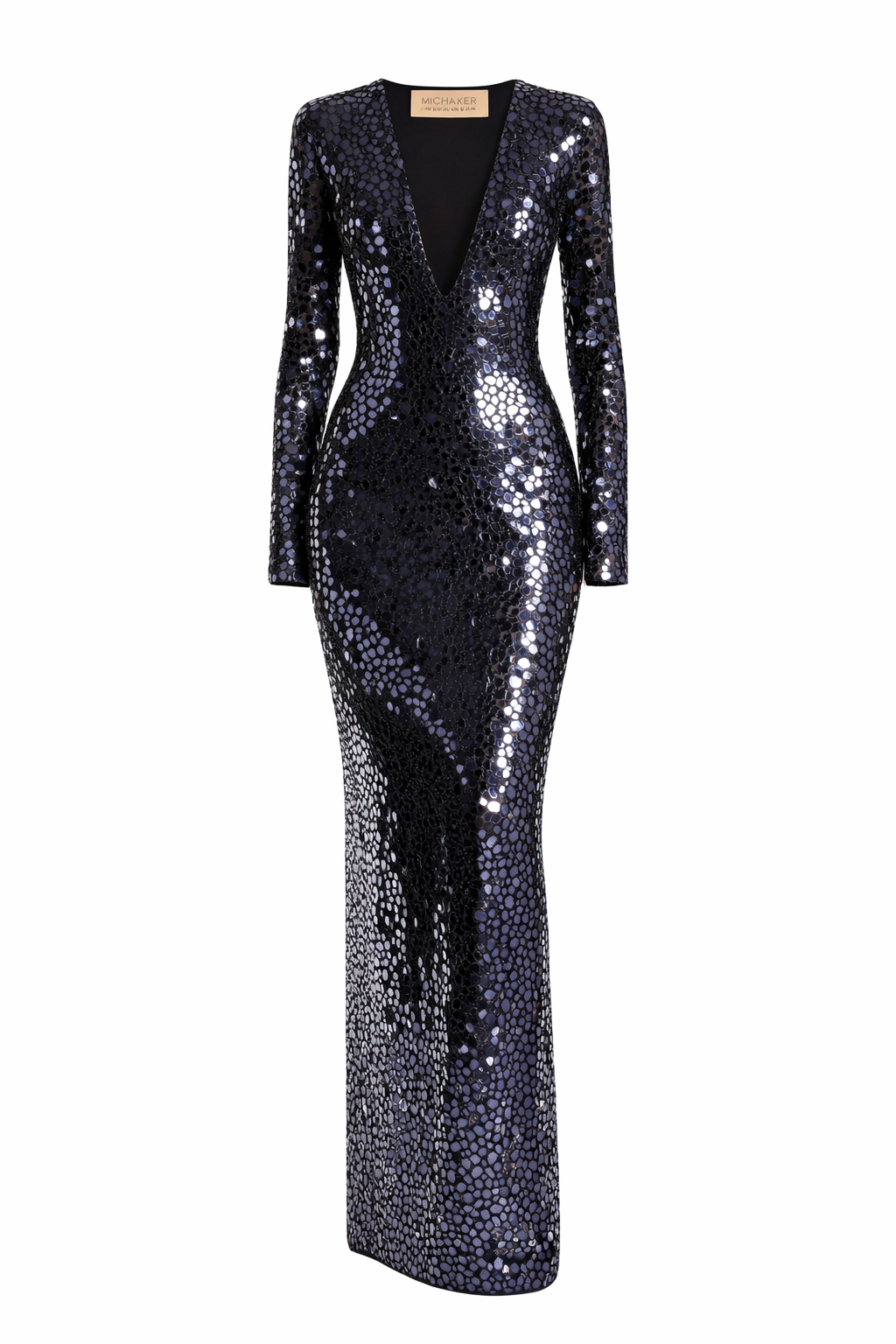 Mirror Embroidered V Neck Column Gown