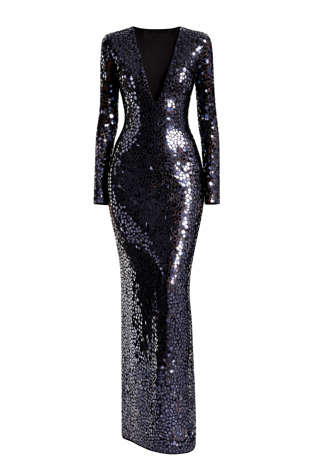 Mirror Embroidered V Neck Column Gown