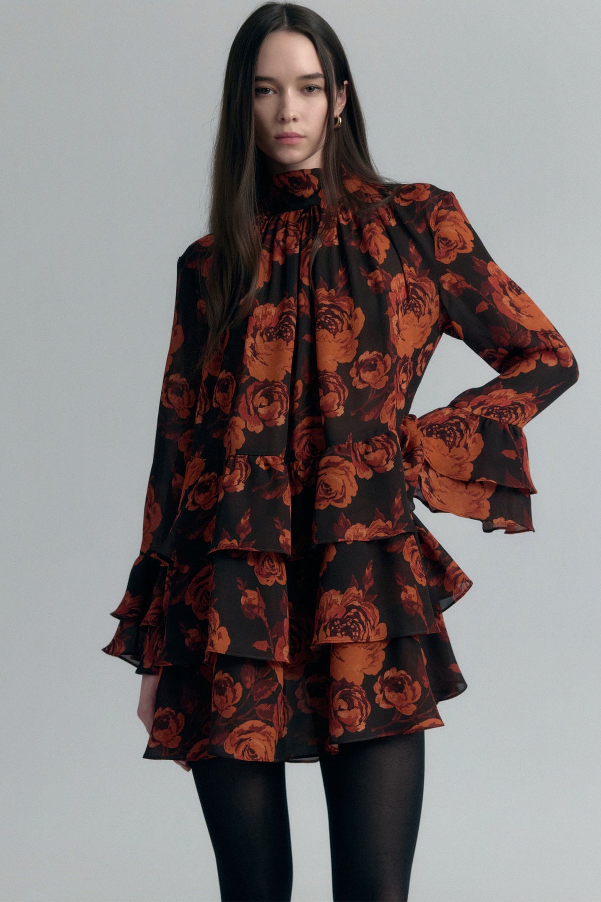 Gathered Turtleneck Ruffle Dress