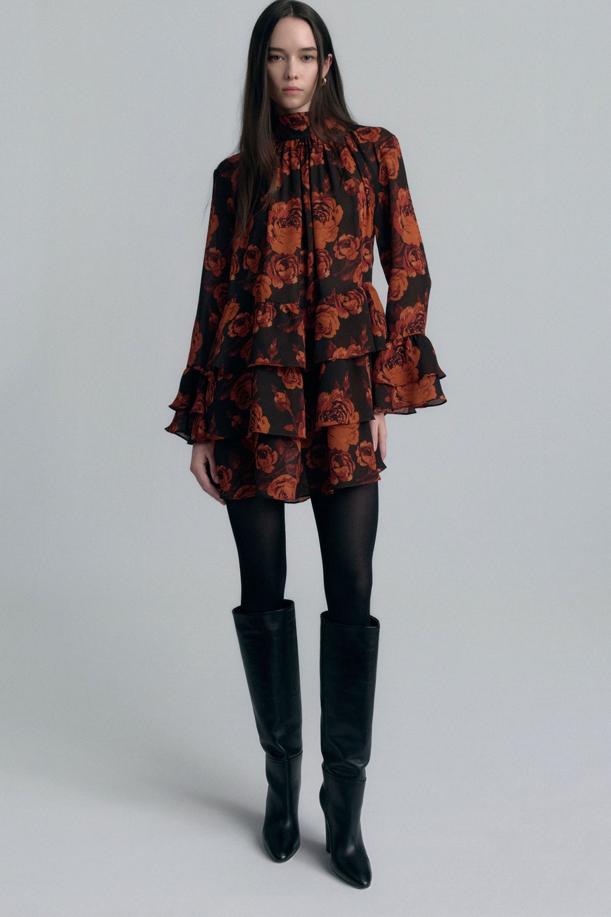 Gathered Turtleneck Ruffle Dress