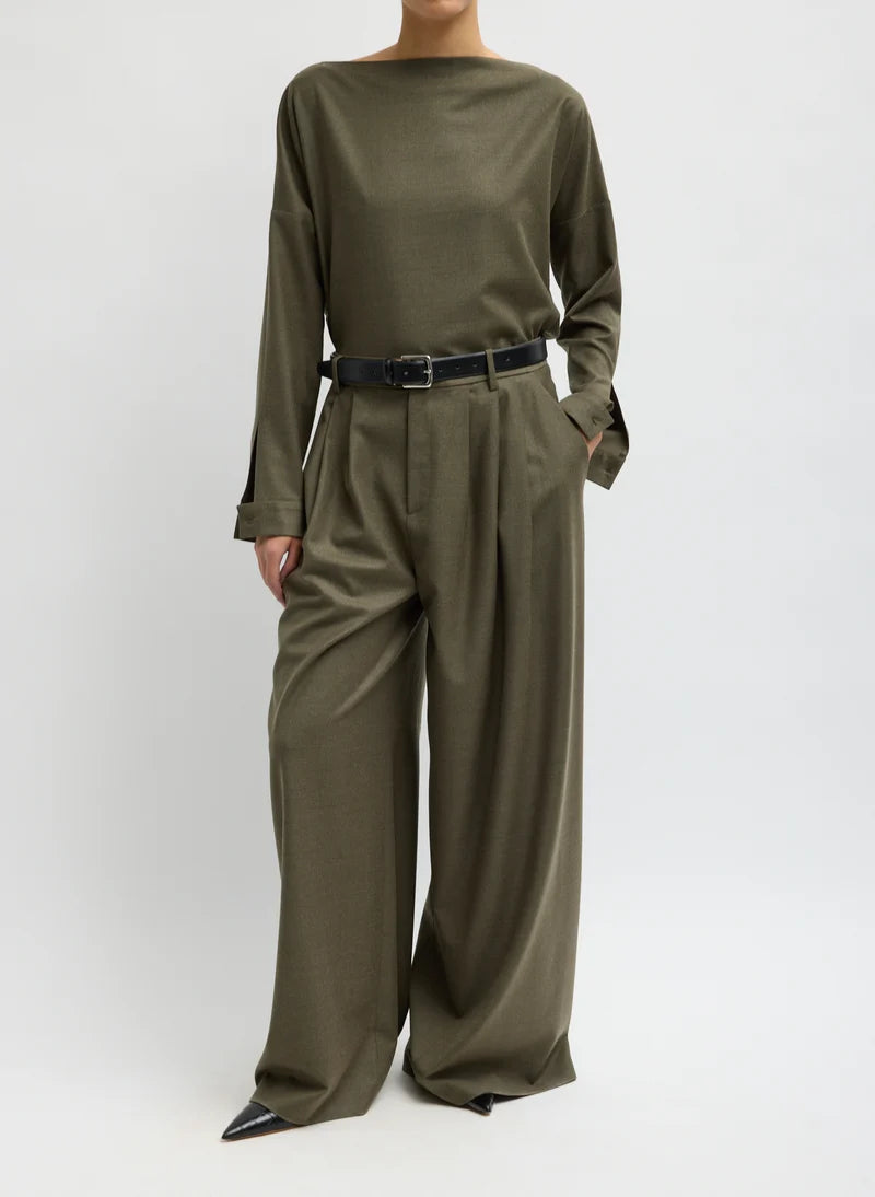 Cozy Flannel Triple Pleat Pant - Army Green