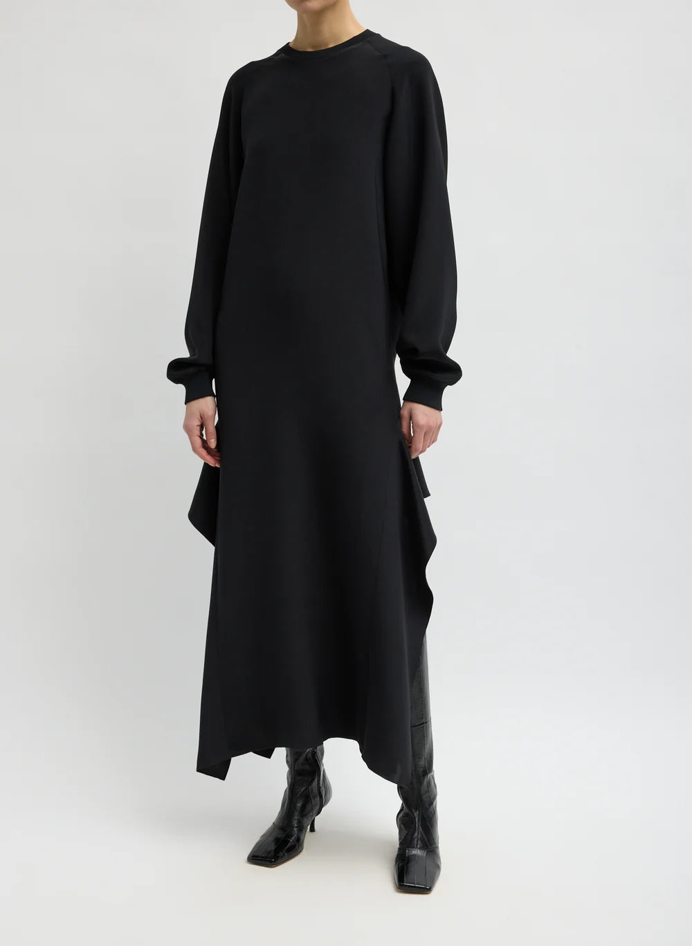 4 Ply Silk Long Sleeve Dress With Ruffle Detail - Black