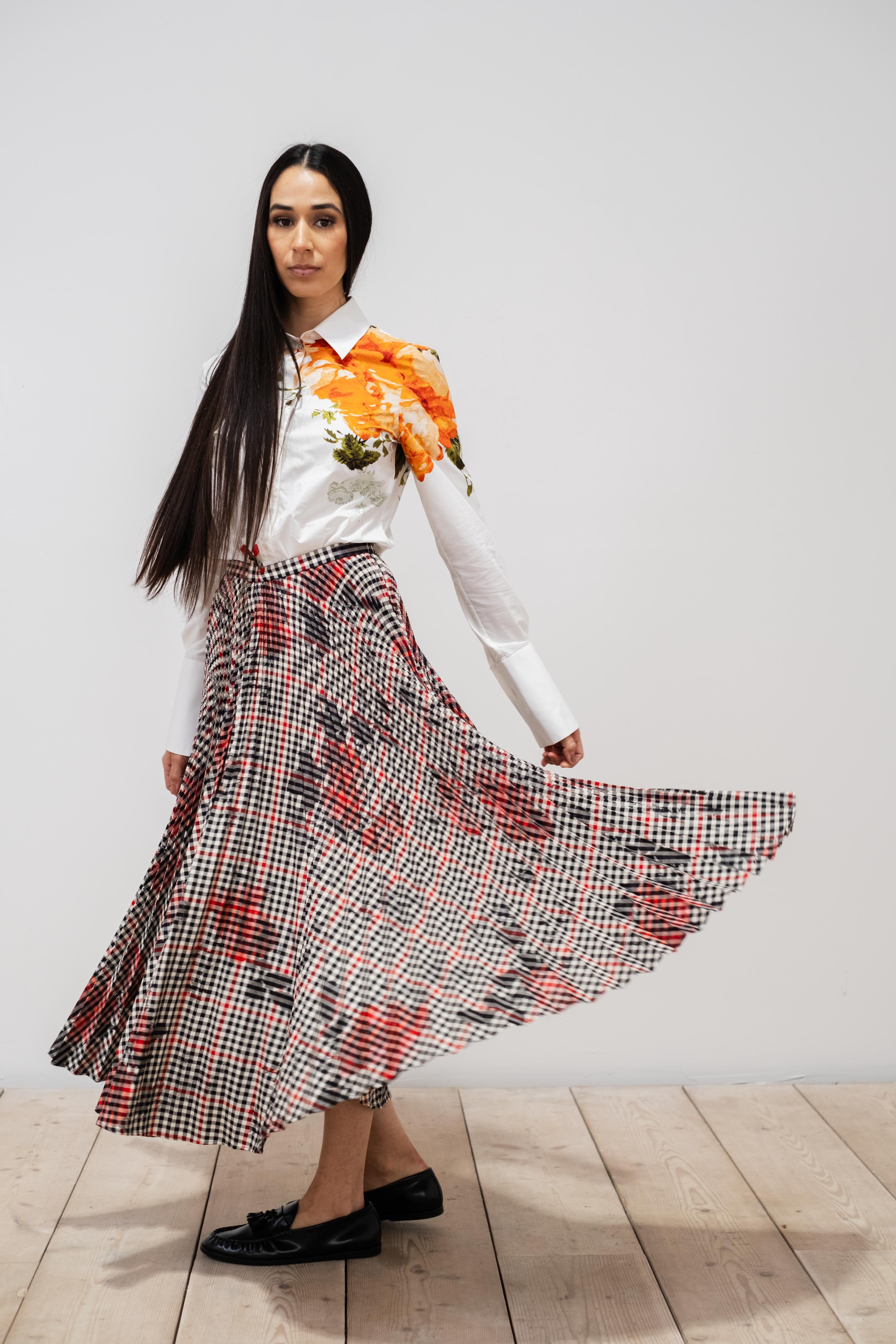ERDEM Pleated Plaid Floral Skirt