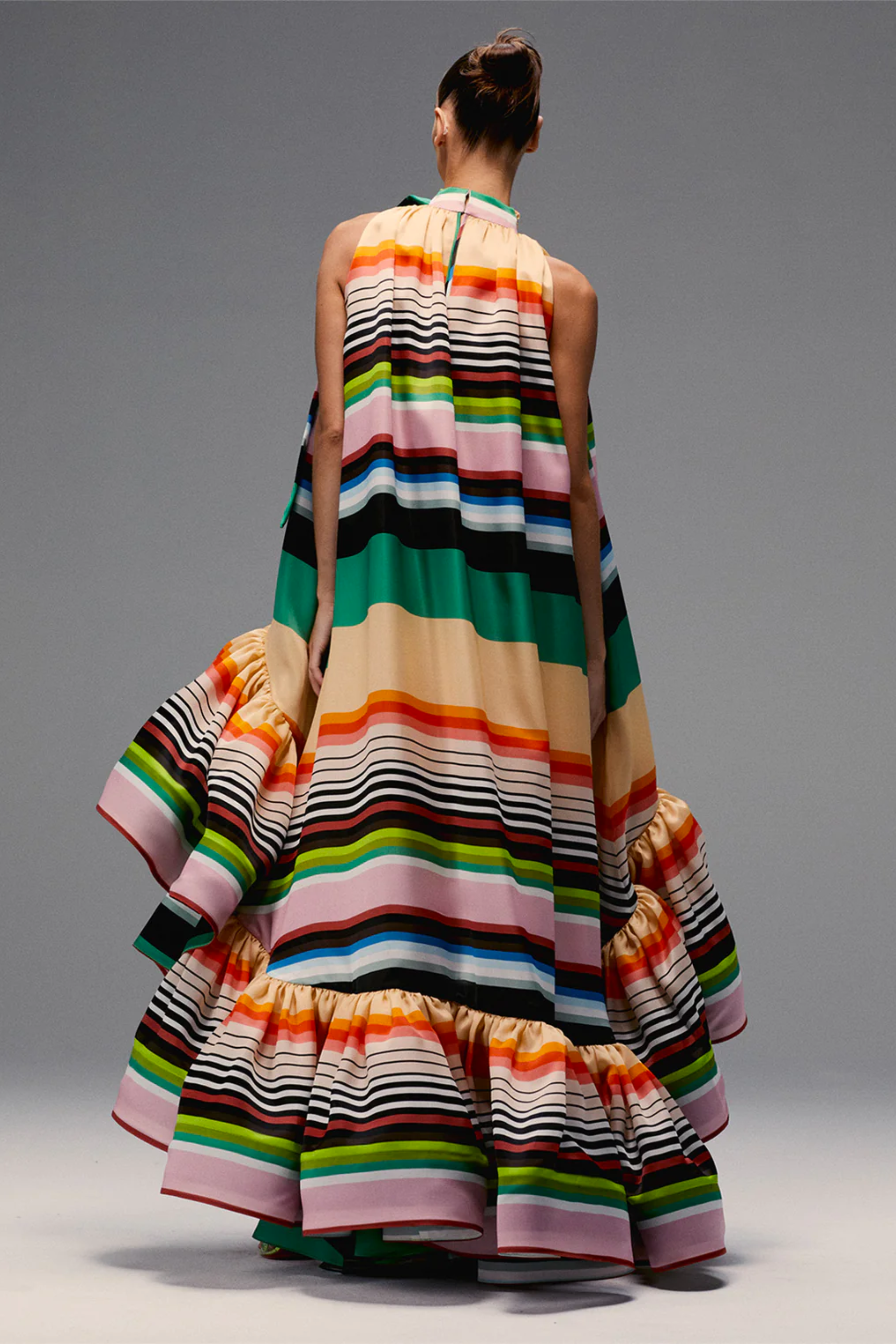 Christopher John Rogers Silk Cassette Stripe Ruffle Trapeze Gown