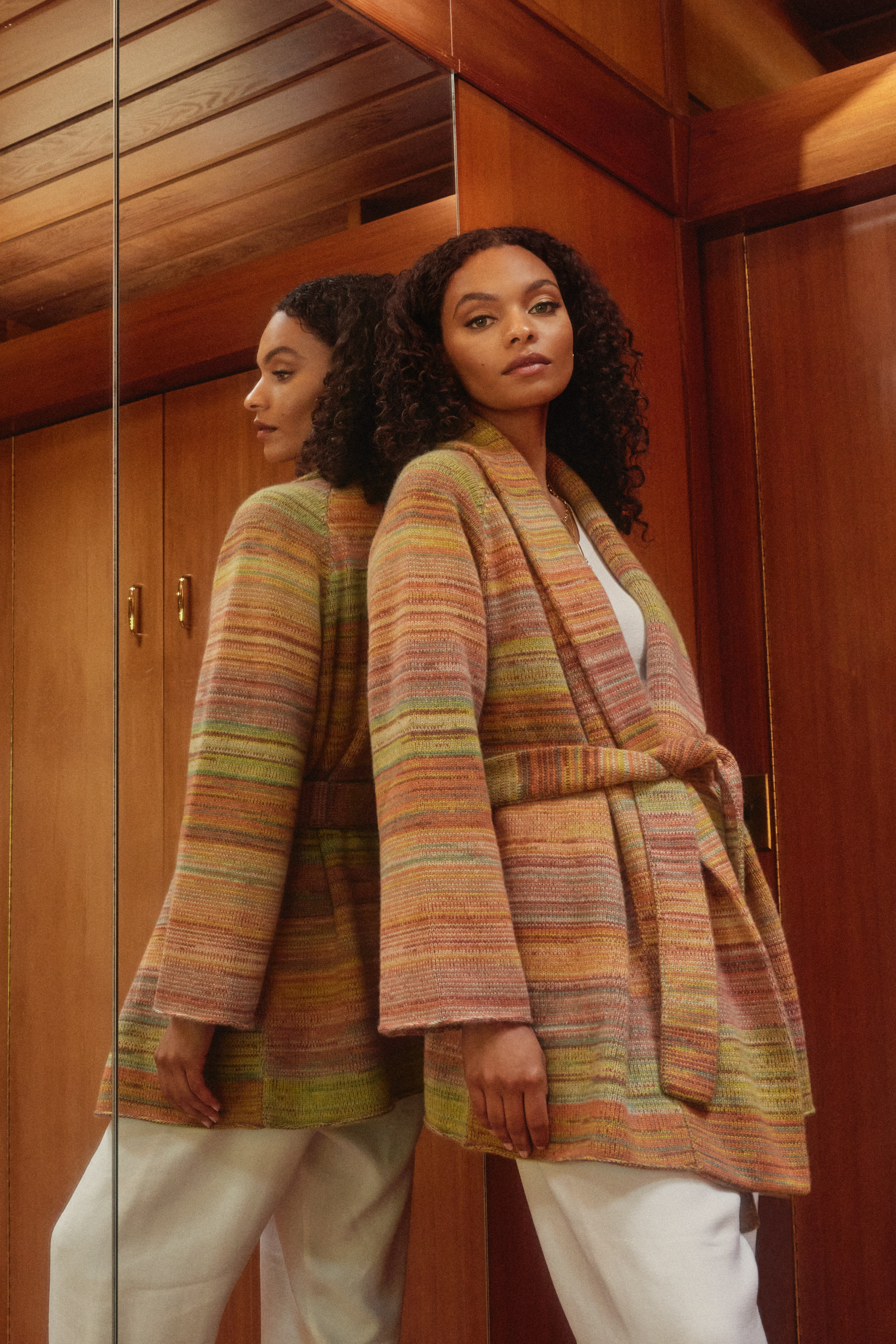 THE ELDER STATESMAN Cosmic Stripe Belted Cardigan