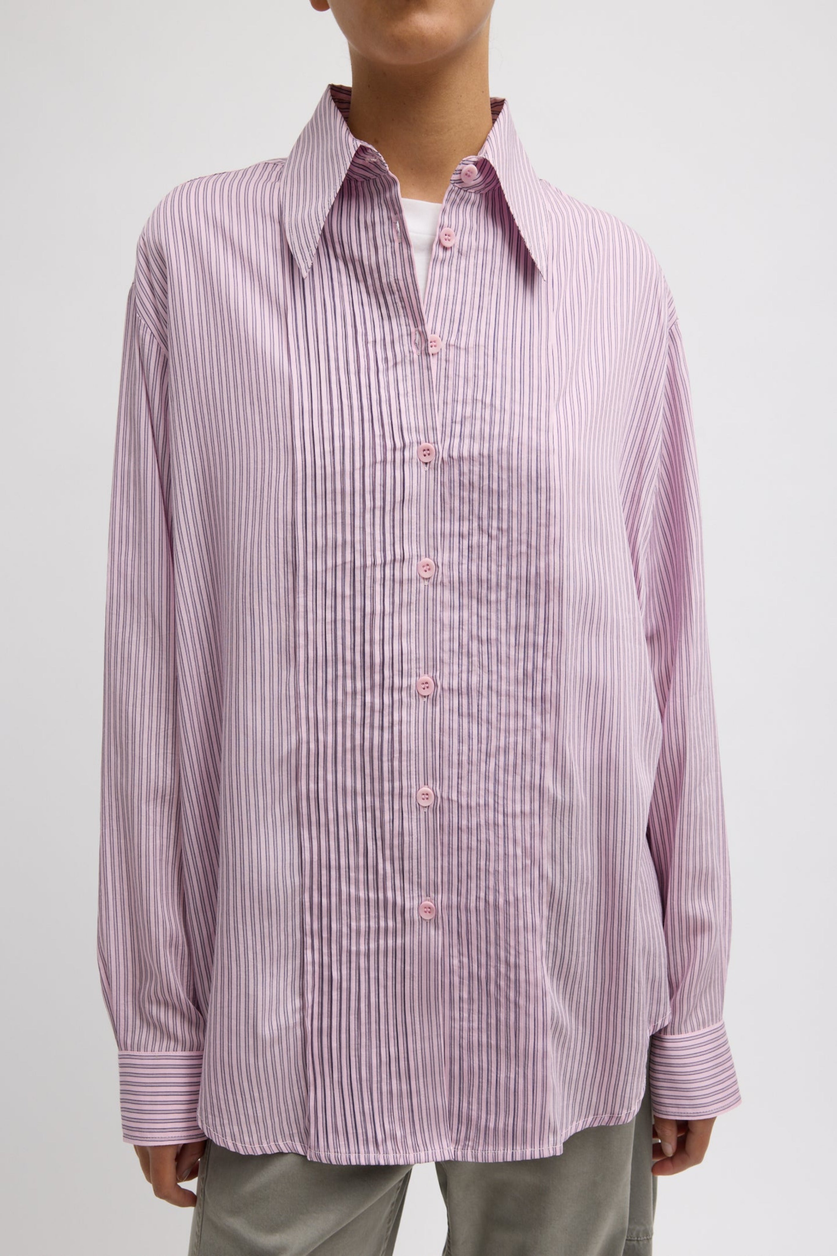 ULTRA LIGHT SILK TENCEL STRIPED PINTUCKED SHIRT