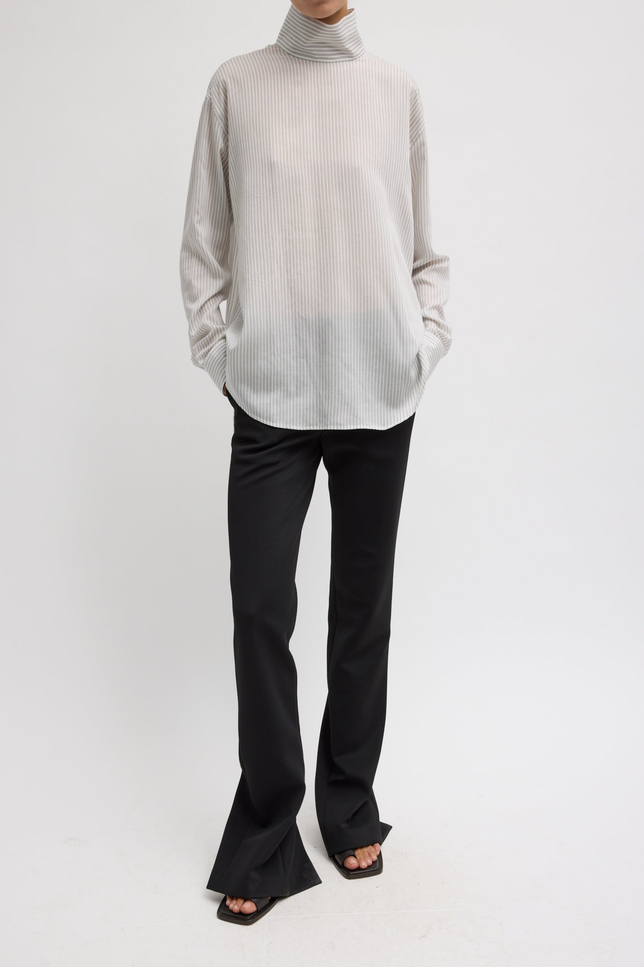 ULTRA LIGHT SILK TENCEL STRIPED FUNNEL NECK SHIRT
