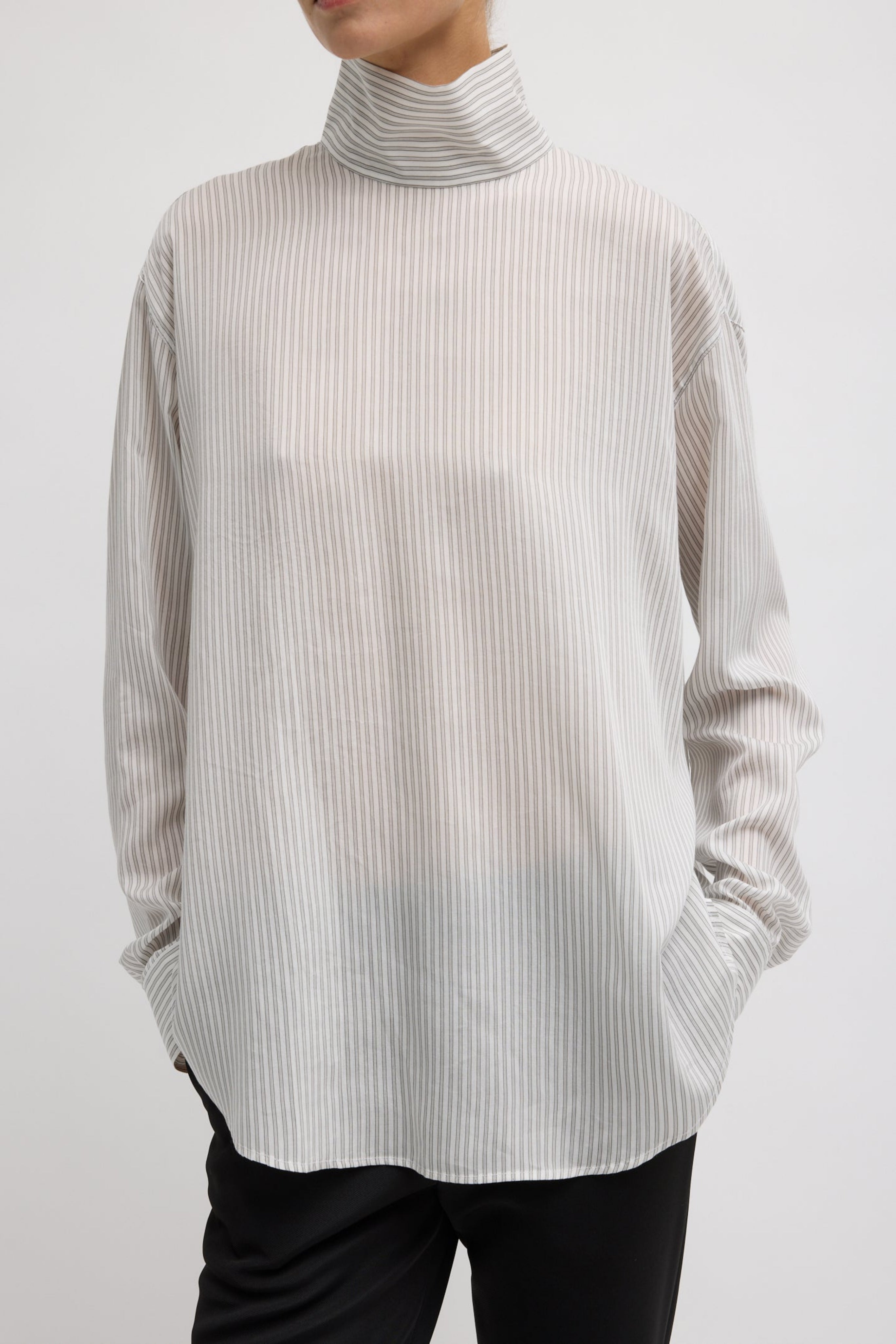 ULTRA LIGHT SILK TENCEL STRIPED FUNNEL NECK SHIRT