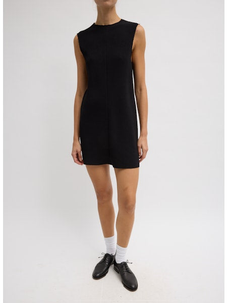 Viscose Plisse Sleeveless Bias Short Tunic Dress In Black