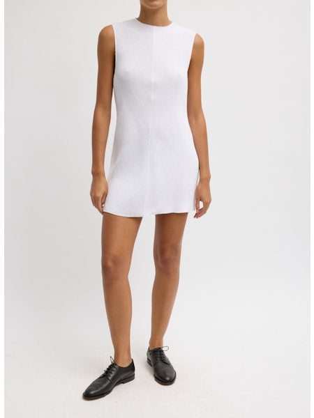 Viscose Plisse Sleeveless Bias Short Tunic Dress In White