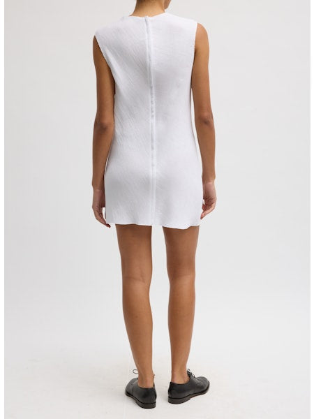 Viscose Plisse Sleeveless Bias Short Tunic Dress In White