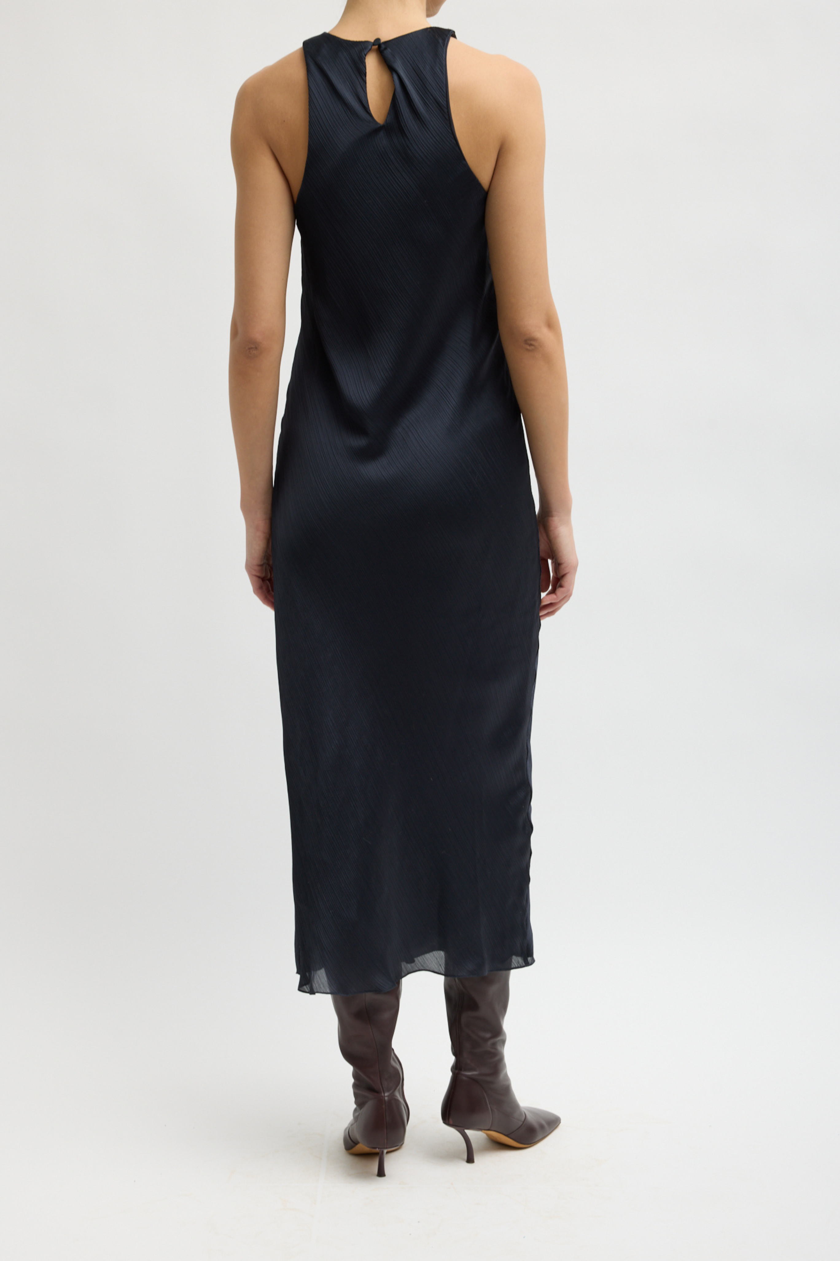 Matte Satin Plisse Midi Bias Dress