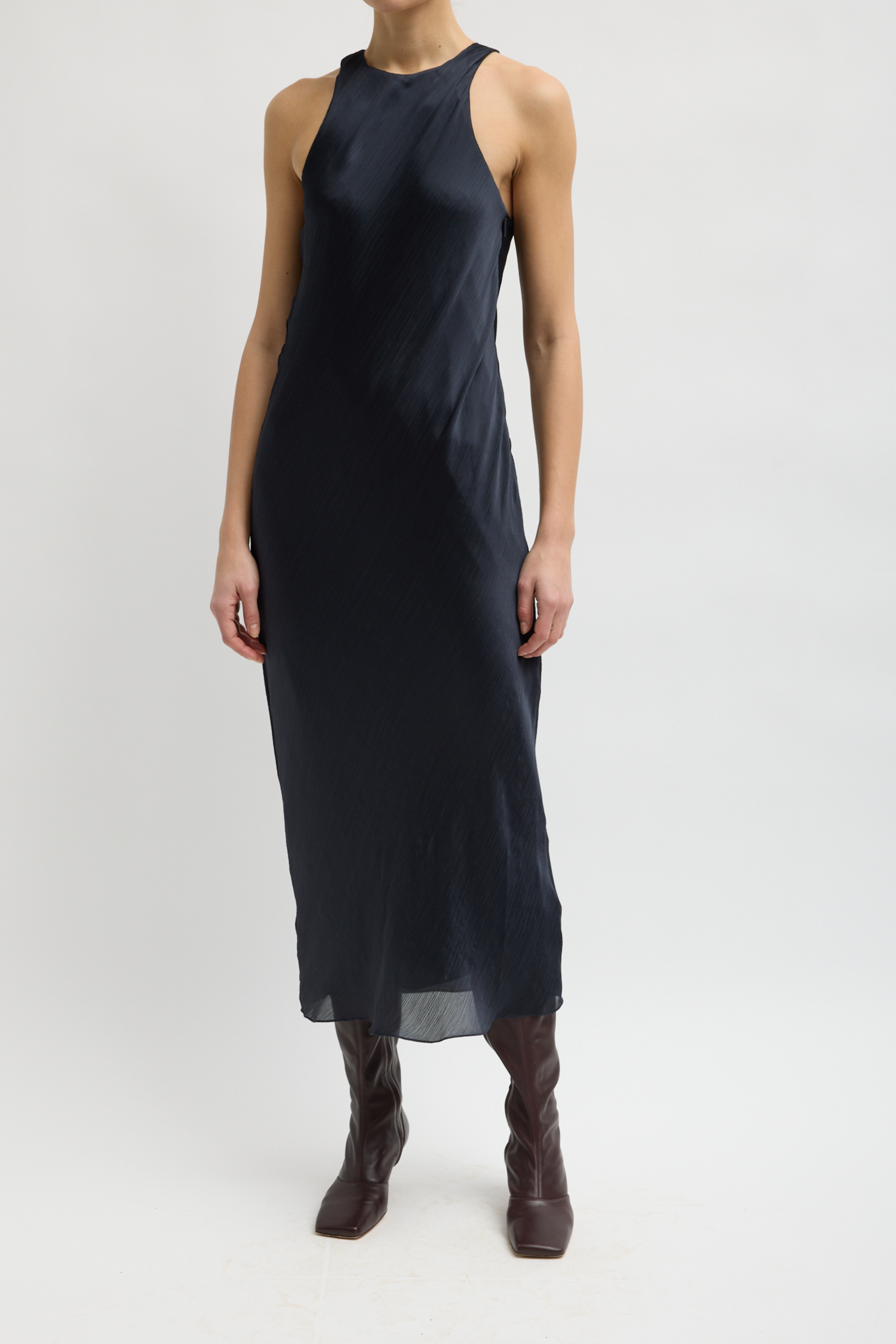 Matte Satin Plisse Midi Bias Dress