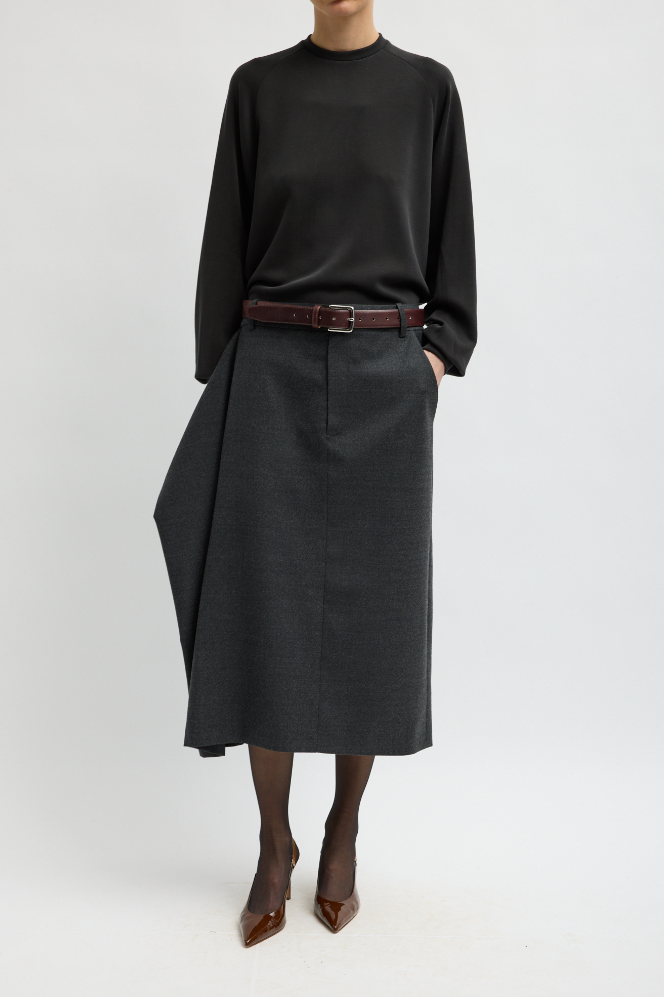 Cozy Flannel Midi Trouser Skirt With Side Drape