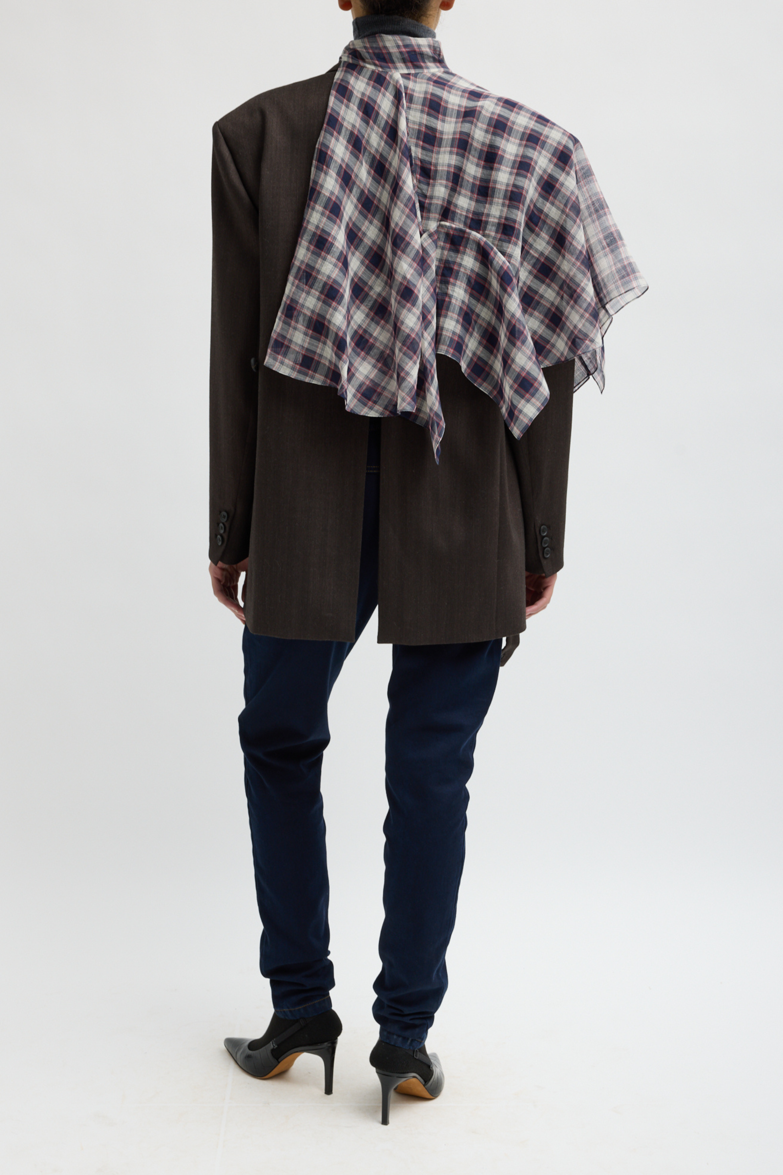 Silk Cotton Plaid Cape Tie Top