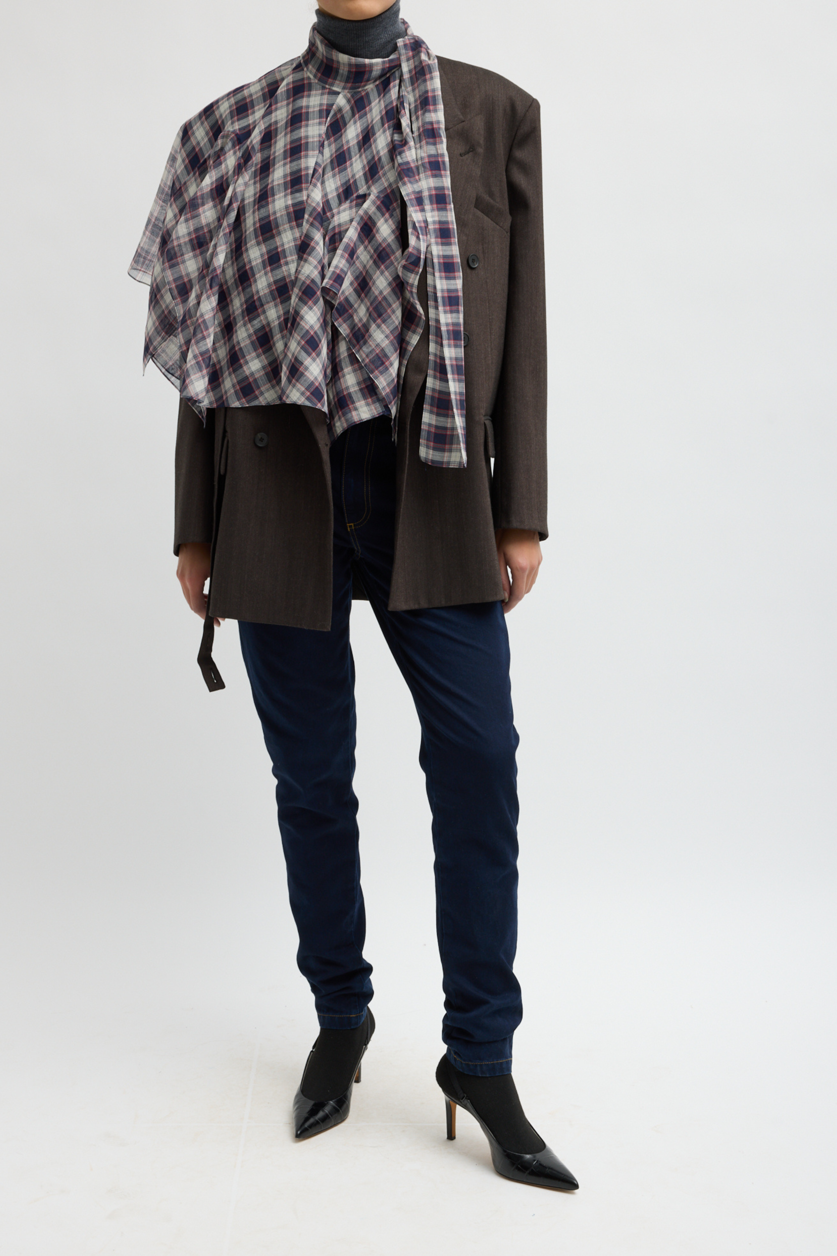 Silk Cotton Plaid Cape Tie Top