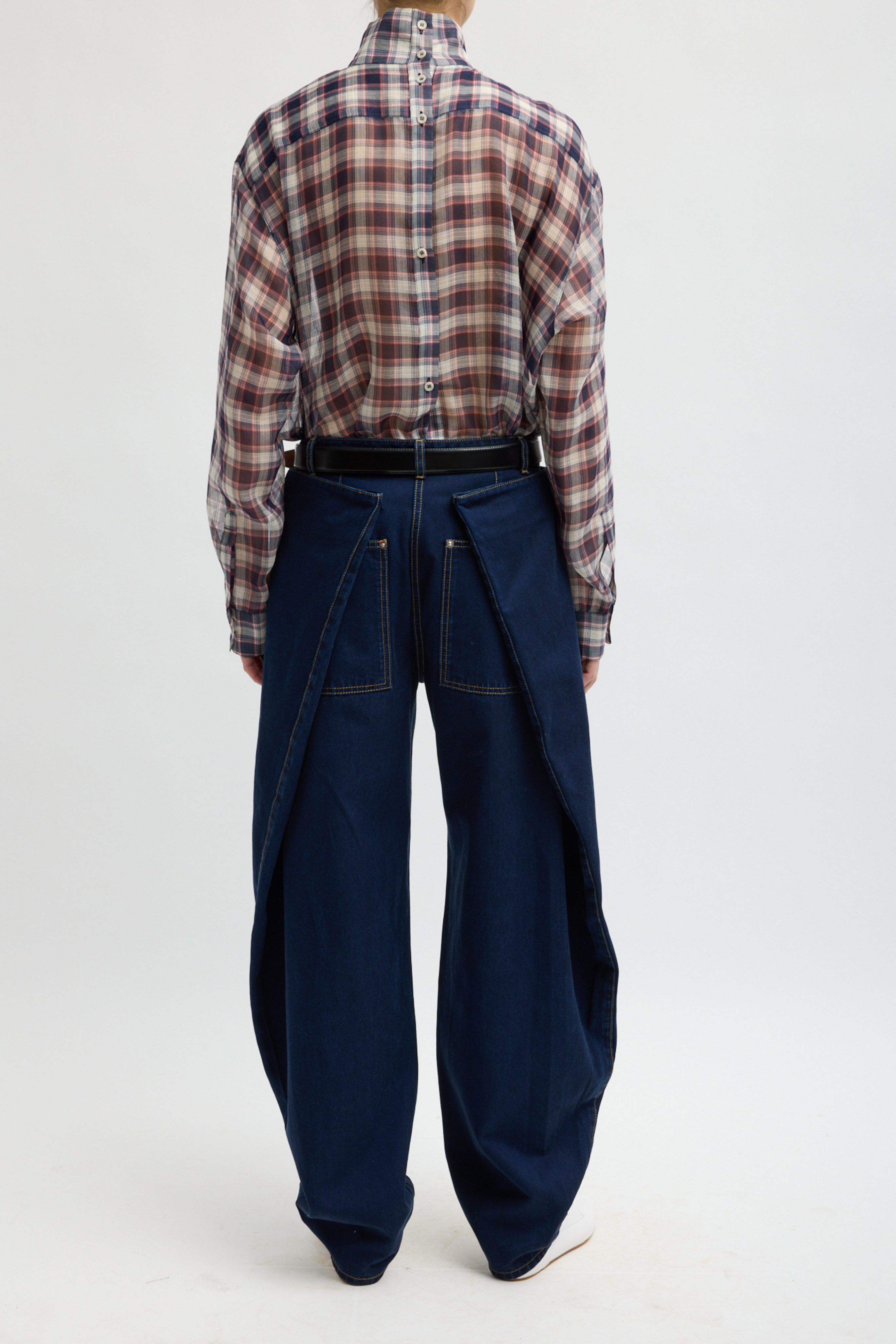 Silk Cotton Plaid Funnel Neck Shirt