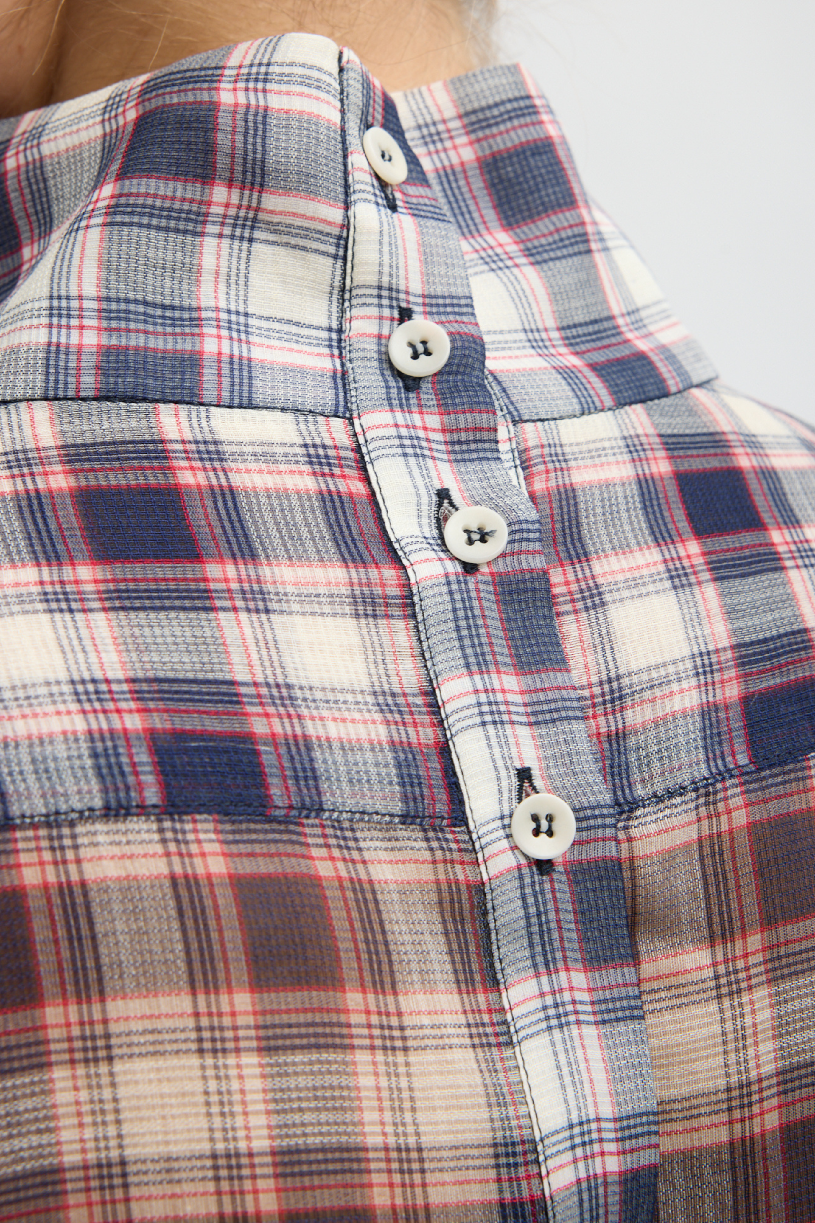 Silk Cotton Plaid Funnel Neck Shirt