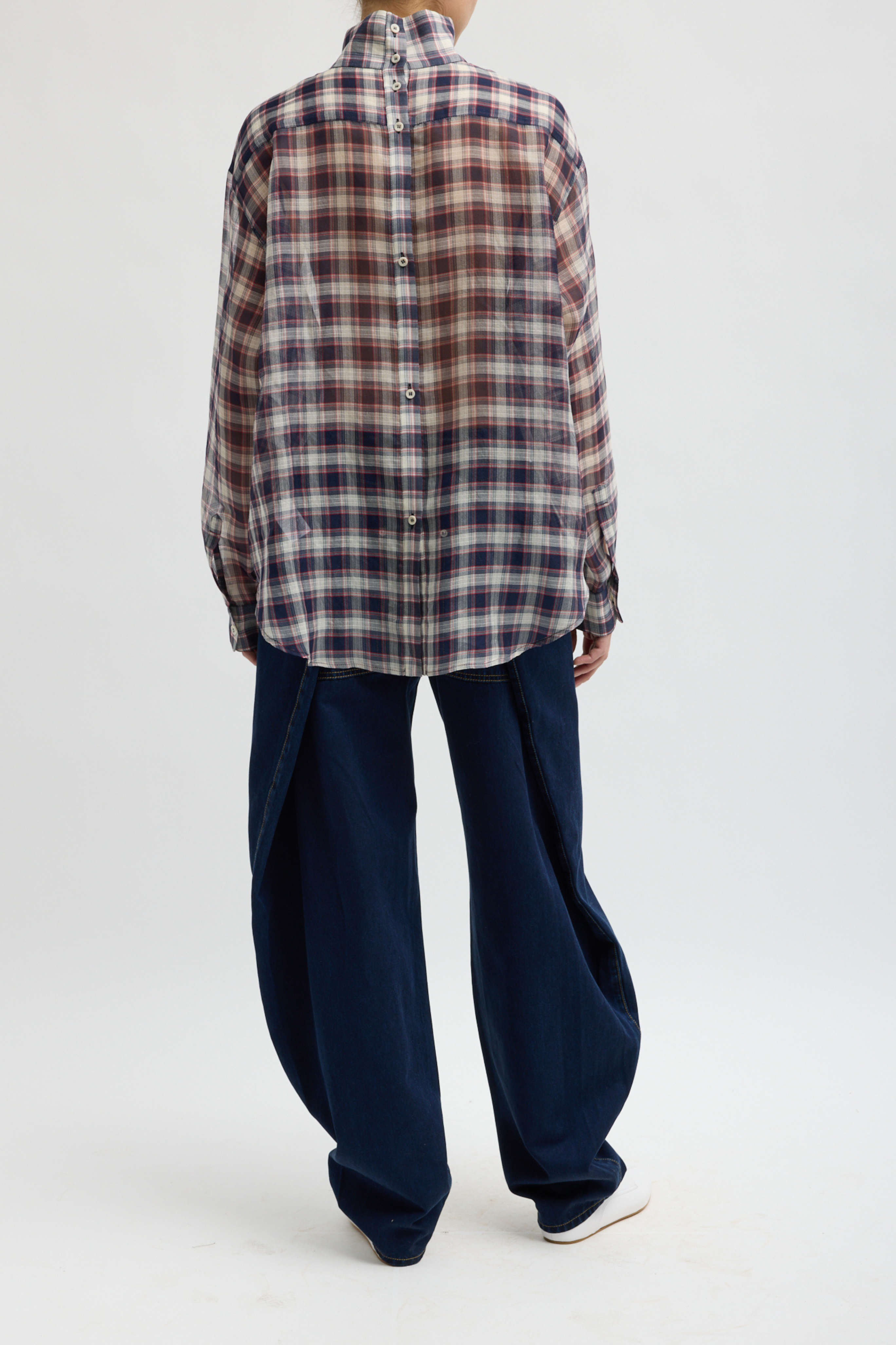 Silk Cotton Plaid Funnel Neck Shirt