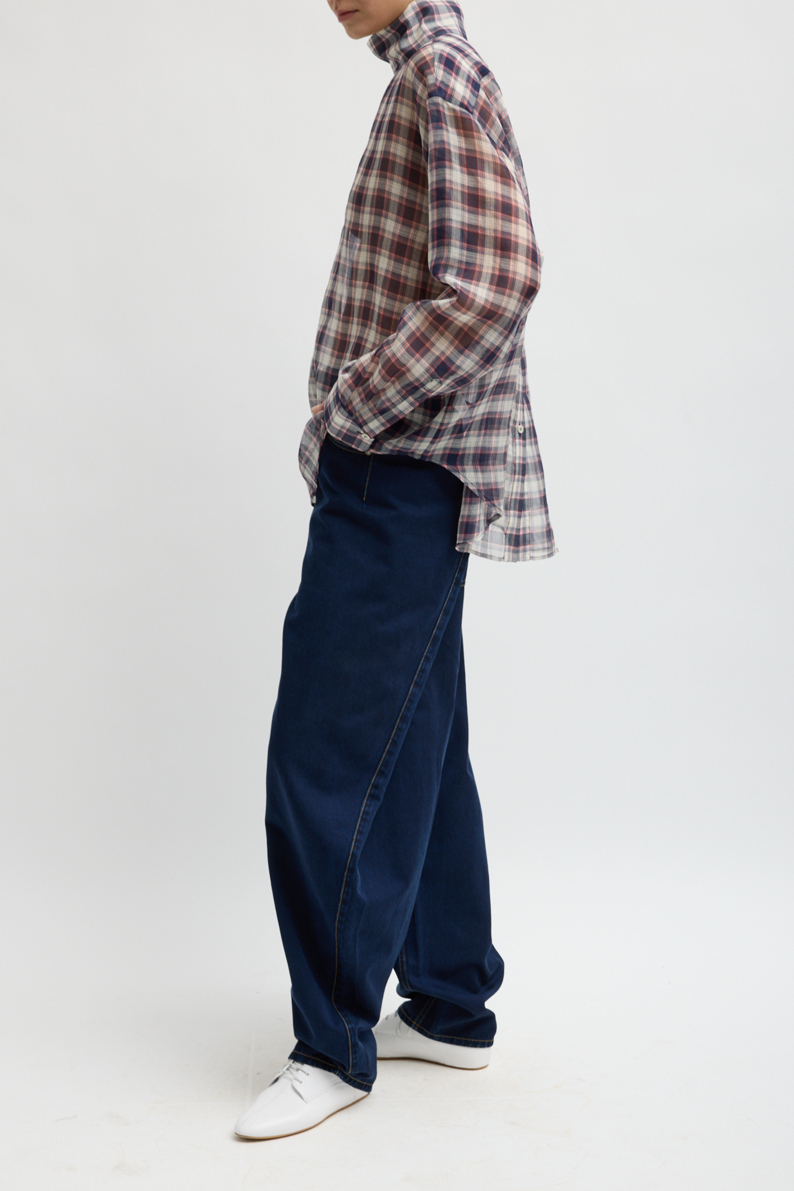 Silk Cotton Plaid Funnel Neck Shirt